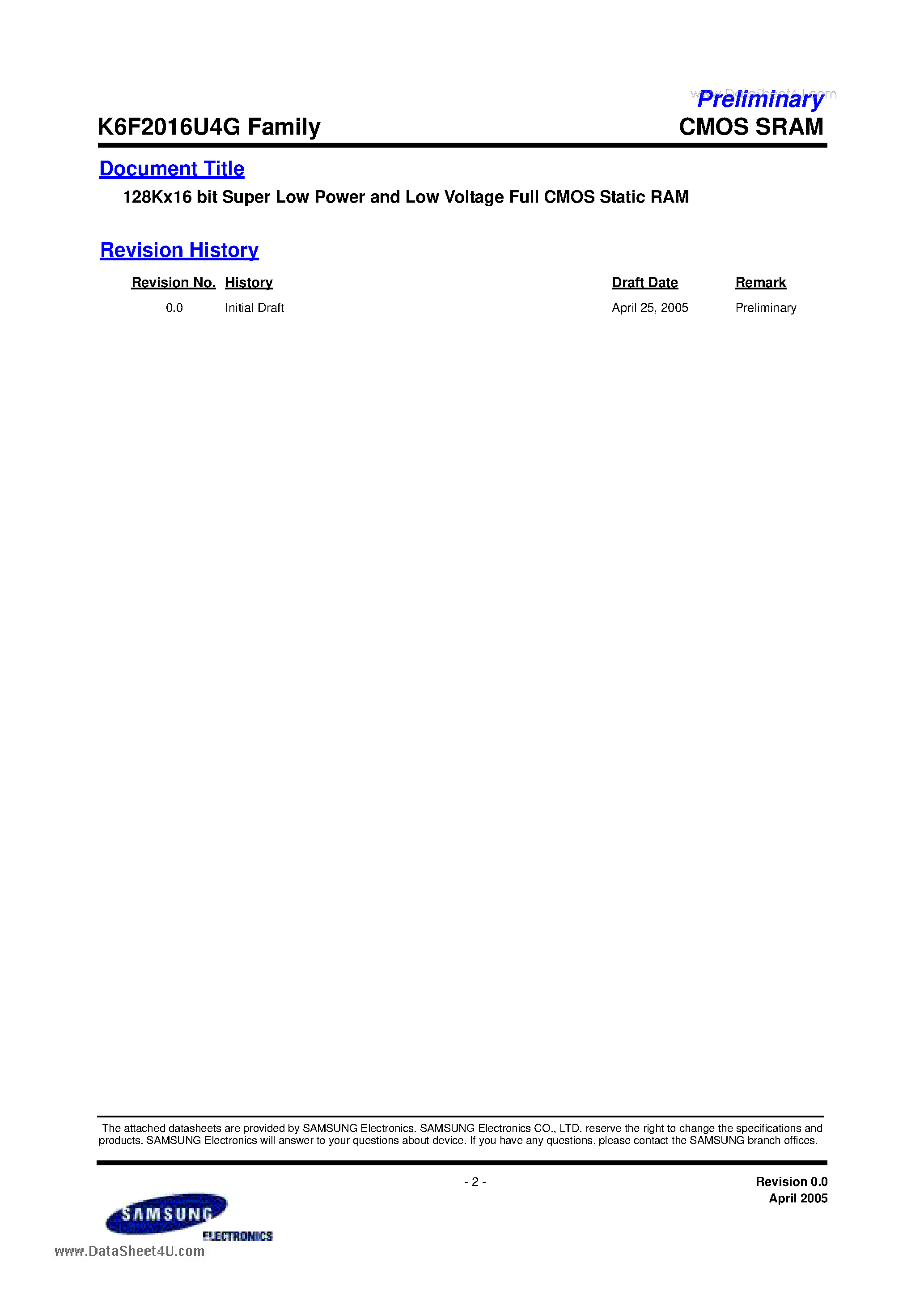 Даташит K6F2016U4G - 2Mb(128K x 16 bit) Low Power SRAM страница 2