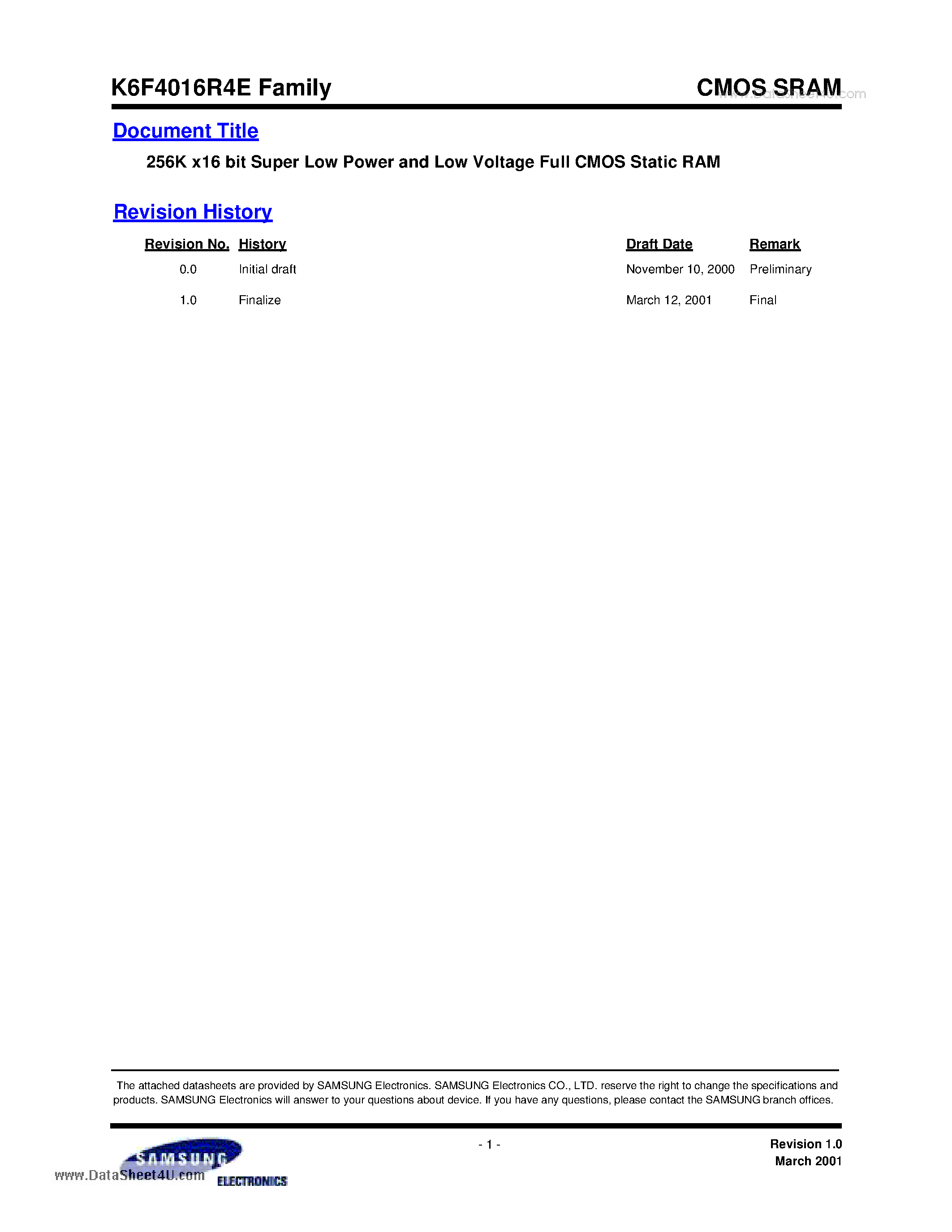 Даташит на микросхему K6F4016R4E страница 1 Даташит K6F4016R4E - 256K x16 bit Super Low Power and Low Voltage Full CMOS Static RAM страница 1