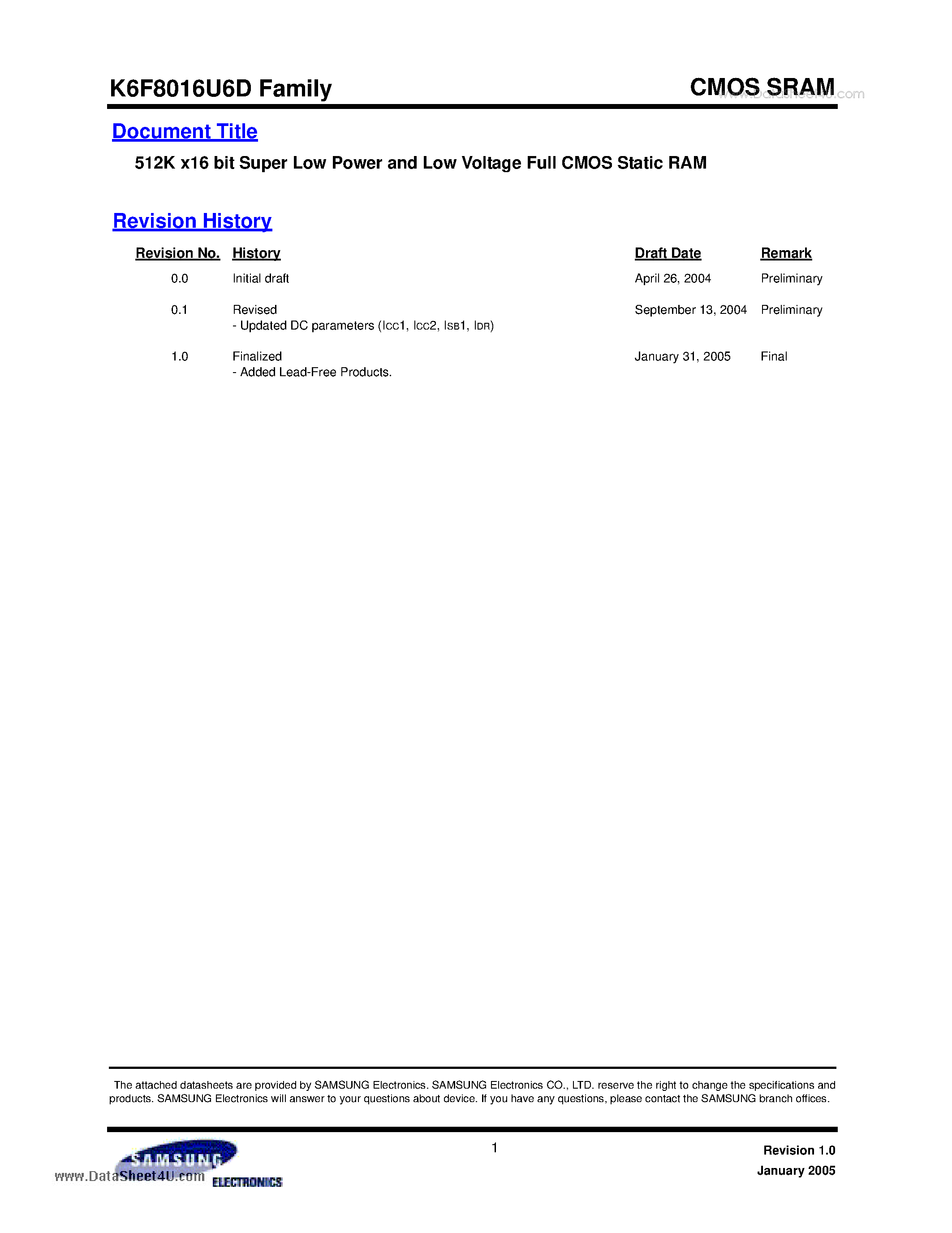 Даташит на микросхему K6F8016U6D страница 1 Даташит K6F8016U6D - 512K x16 bit Super Low Power and Low Voltage Full CMOS Static RAM страница 1