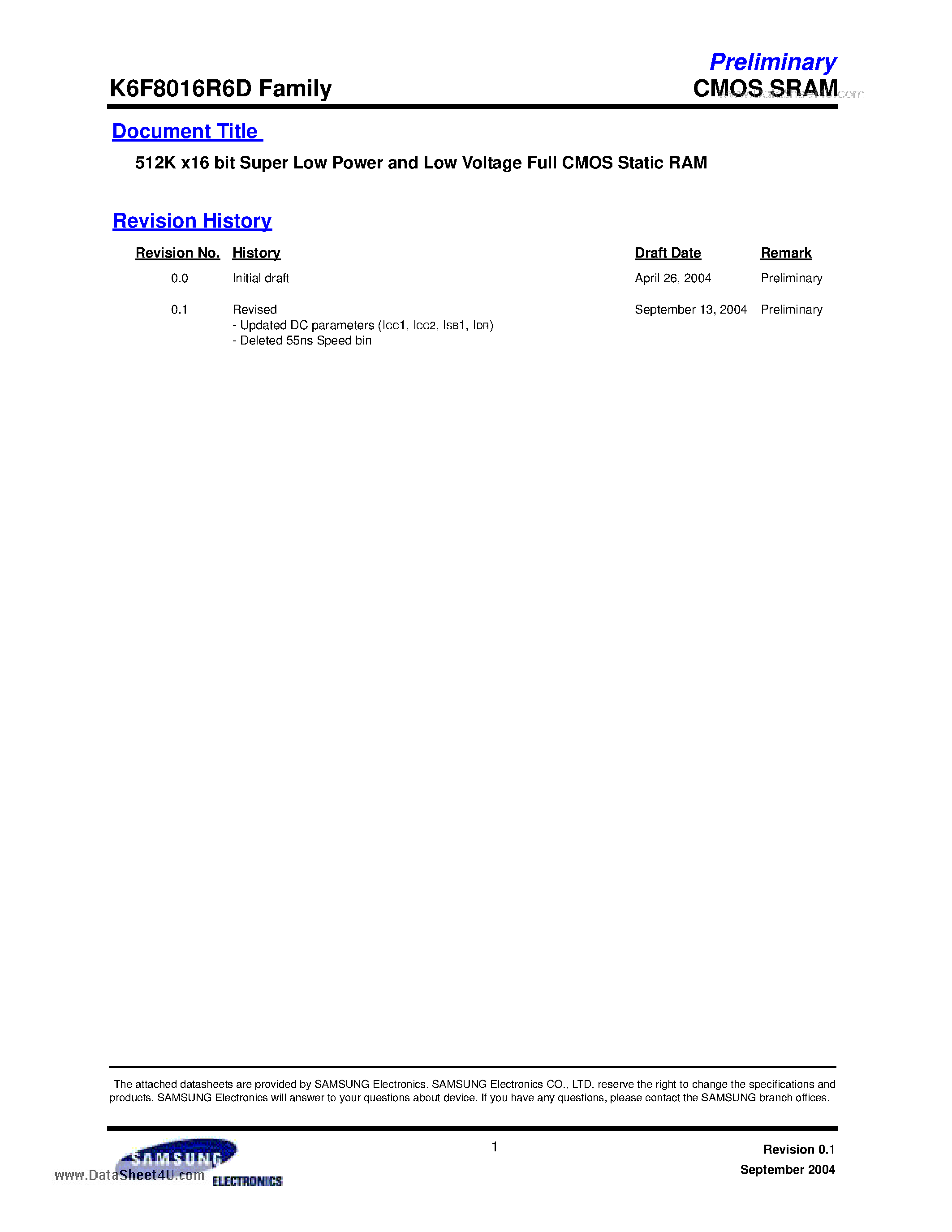 Даташит на микросхему K6F8016R6D страница 1 Даташит K6F8016R6D - 512K x16 bit Super Low Power and Low Voltage Full CMOS Static RAM страница 1