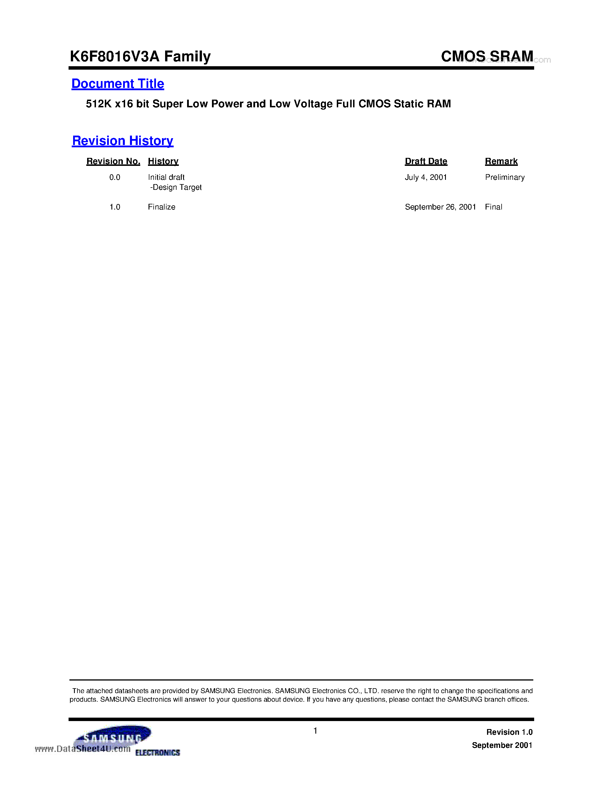 Даташит на микросхему K6F8016V3A страница 1 Даташит K6F8016V3A - 512K x16 bit Super Low Power and Low Voltage Full CMOS Static RAM страница 1