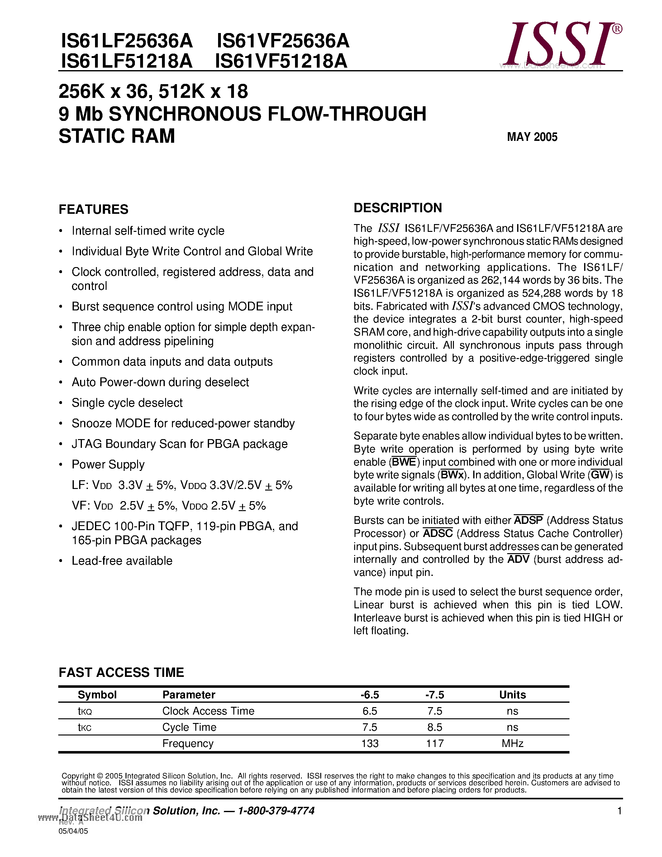 Datasheet IS61LF25636A - 256K x 36-512K x 18 9Mb SYNCHRONOUS FLOW-THROUGH STATIC RAM page 1