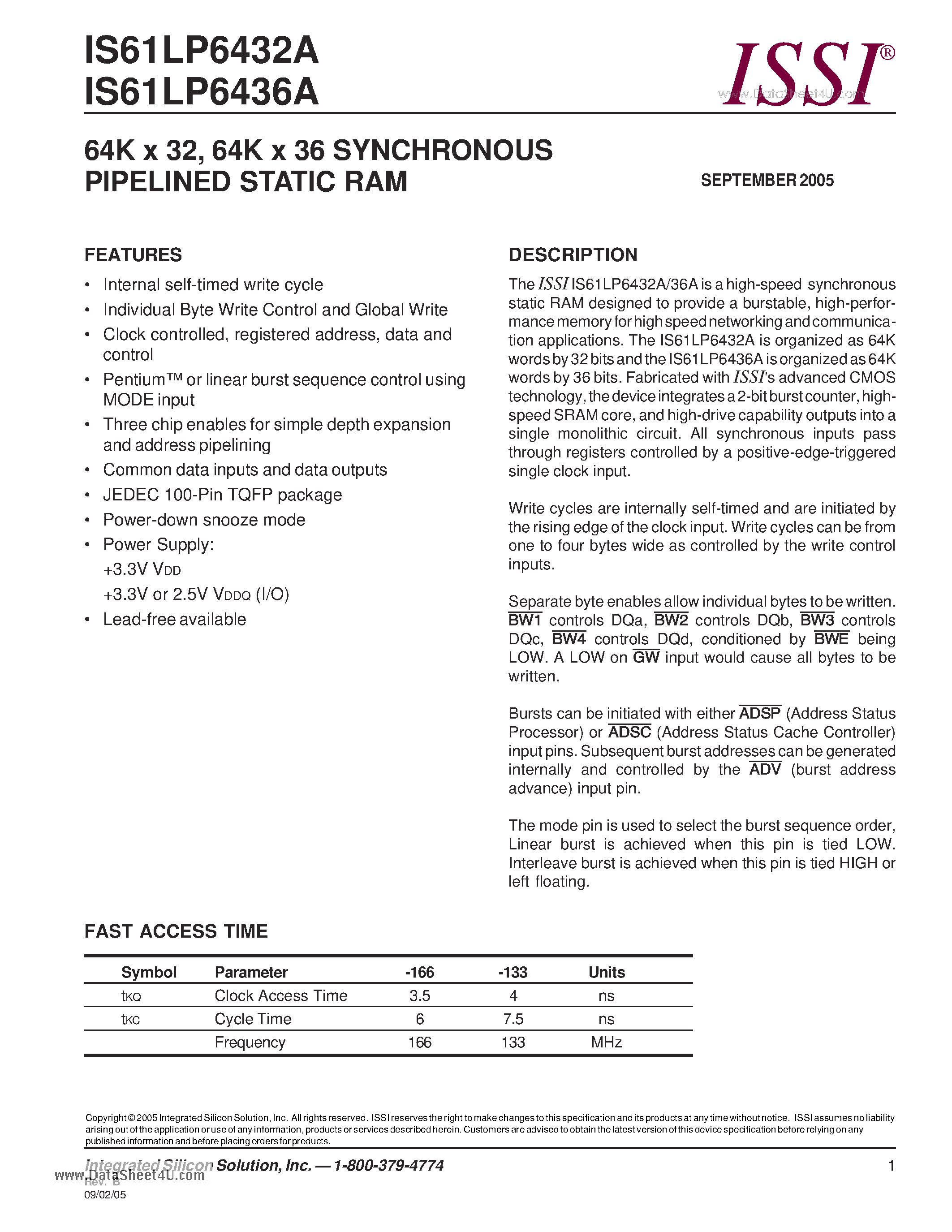 Datasheet IS61LP6432A - 64K x 32- 64K x 36 SYNCHRONOUS PIPELINED STATIC RAM page 1