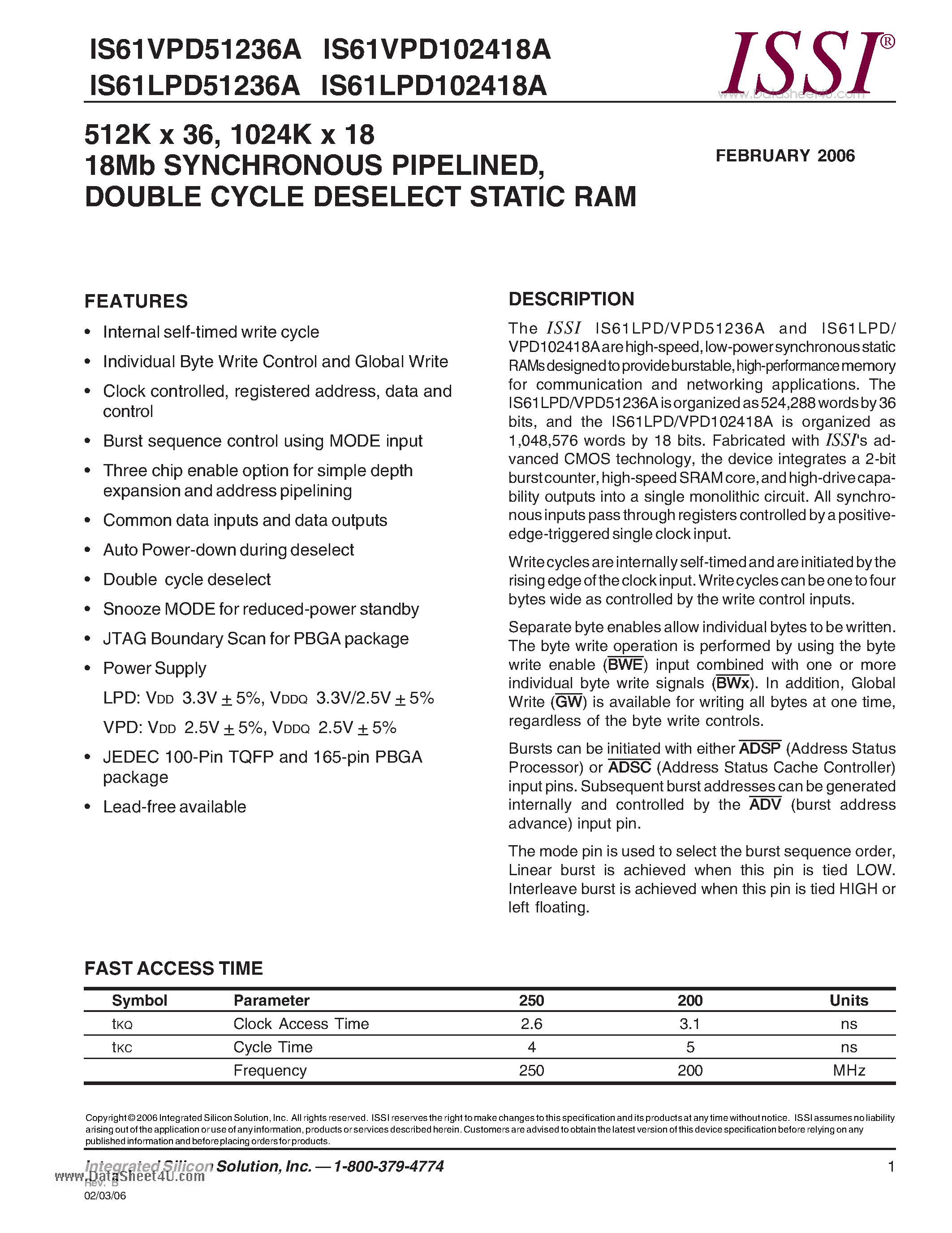 Datasheet IS61LPD102418A - 512K x 36/ 1024K x 18 18Mb SYNCHRONOUS PIPELINED / DOUBLE CYCLE DESELECT STATIC RAM page 1