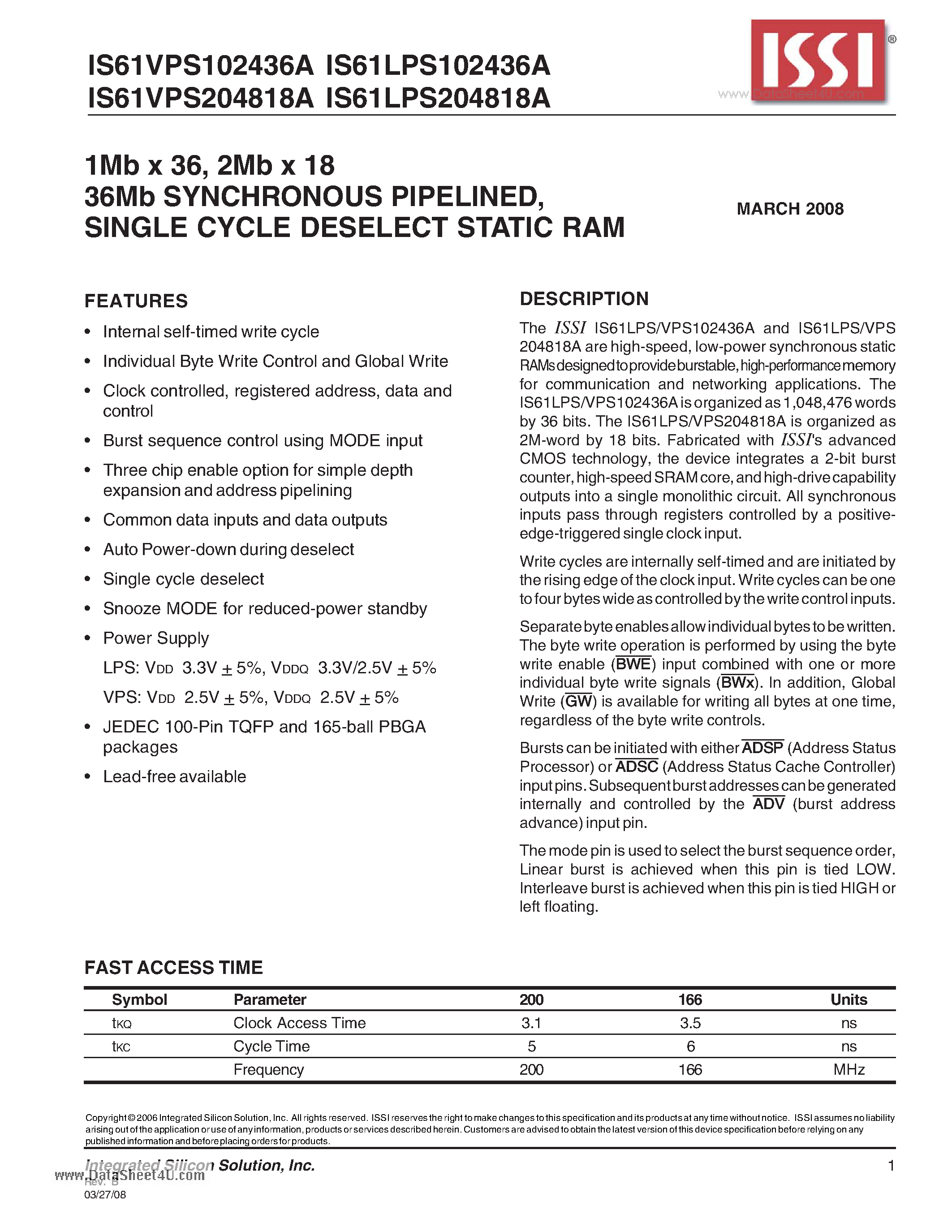 Datasheet IS61LPS102436A - 1MB x 36/ 2Mb x 18 36Mb SYNCHRONOUS PIPELINED / SINGLE CYCLE DESELECT STATIC RAM page 1