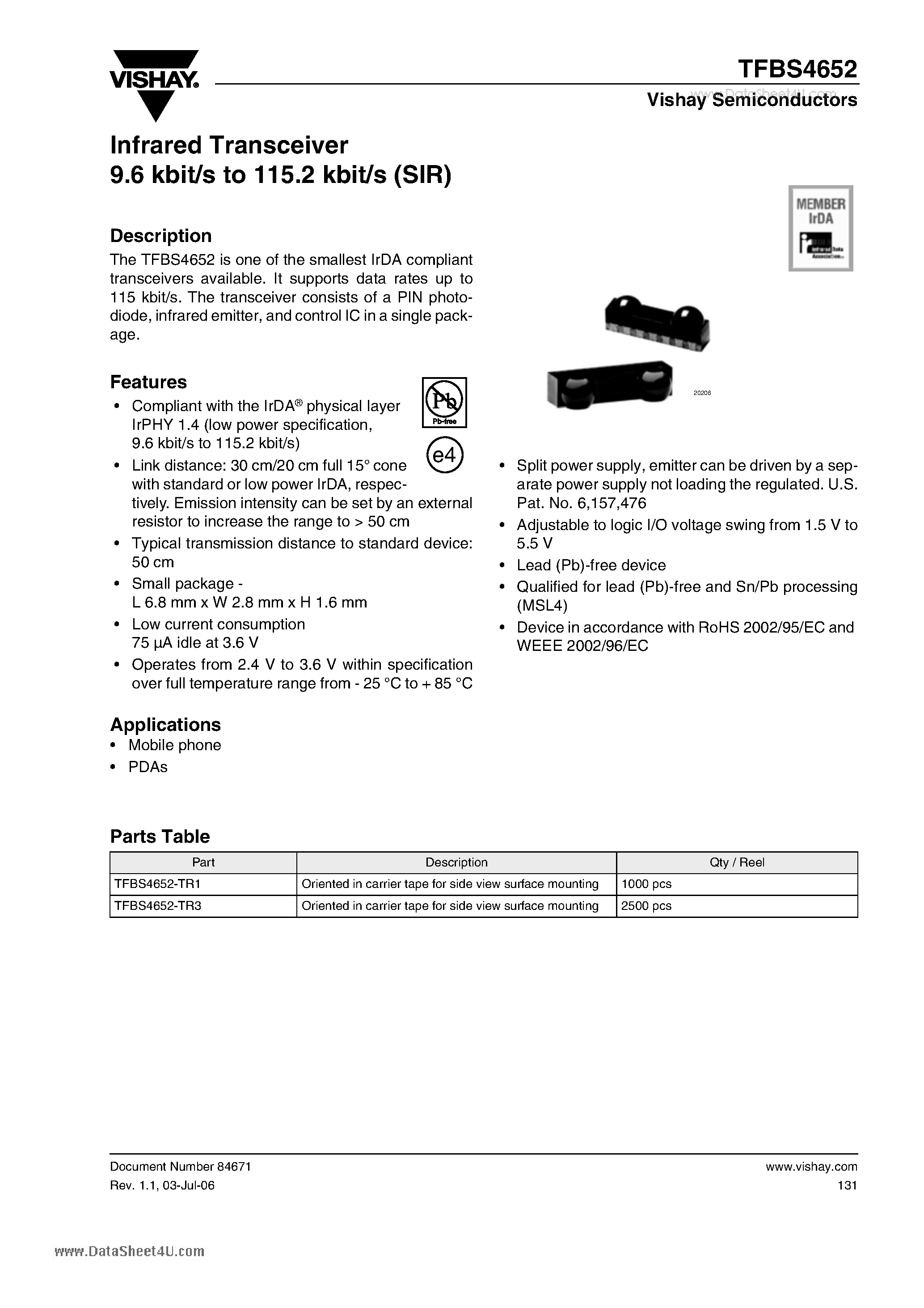 Datasheet TFBS4652 - Infrared Transceiver 9.6 kbit/s to 115.2 kbit/s (SIR) page 1