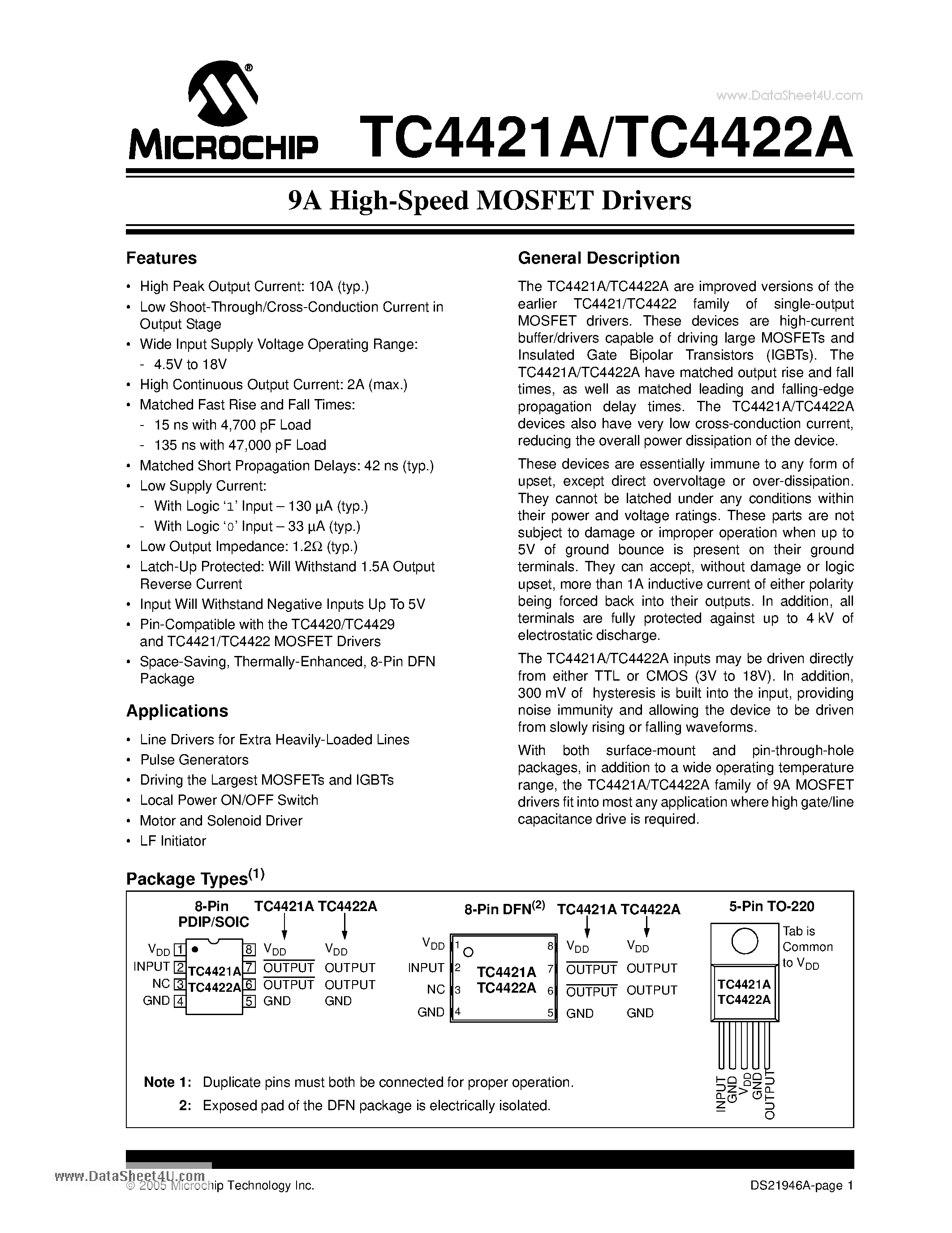 Datasheet TC4421A - 9A High-Speed MOSFET Drivers page 1