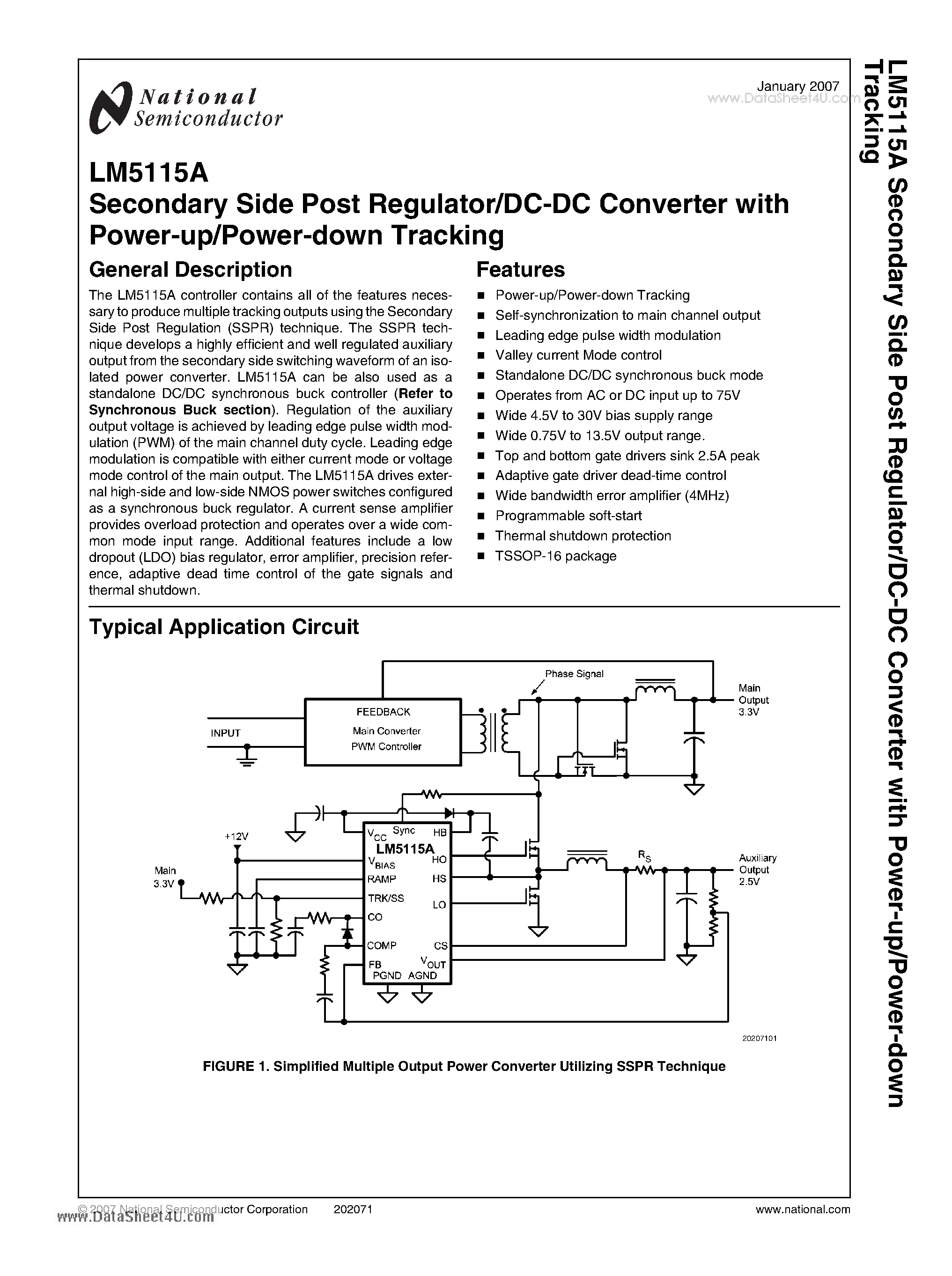 Даташит на микросхему LM5115A страница 1 Даташит LM5115A - Secondary Side Post Regulator/DC-DC Converter with Power-up/Power-down Tracking страница 1
