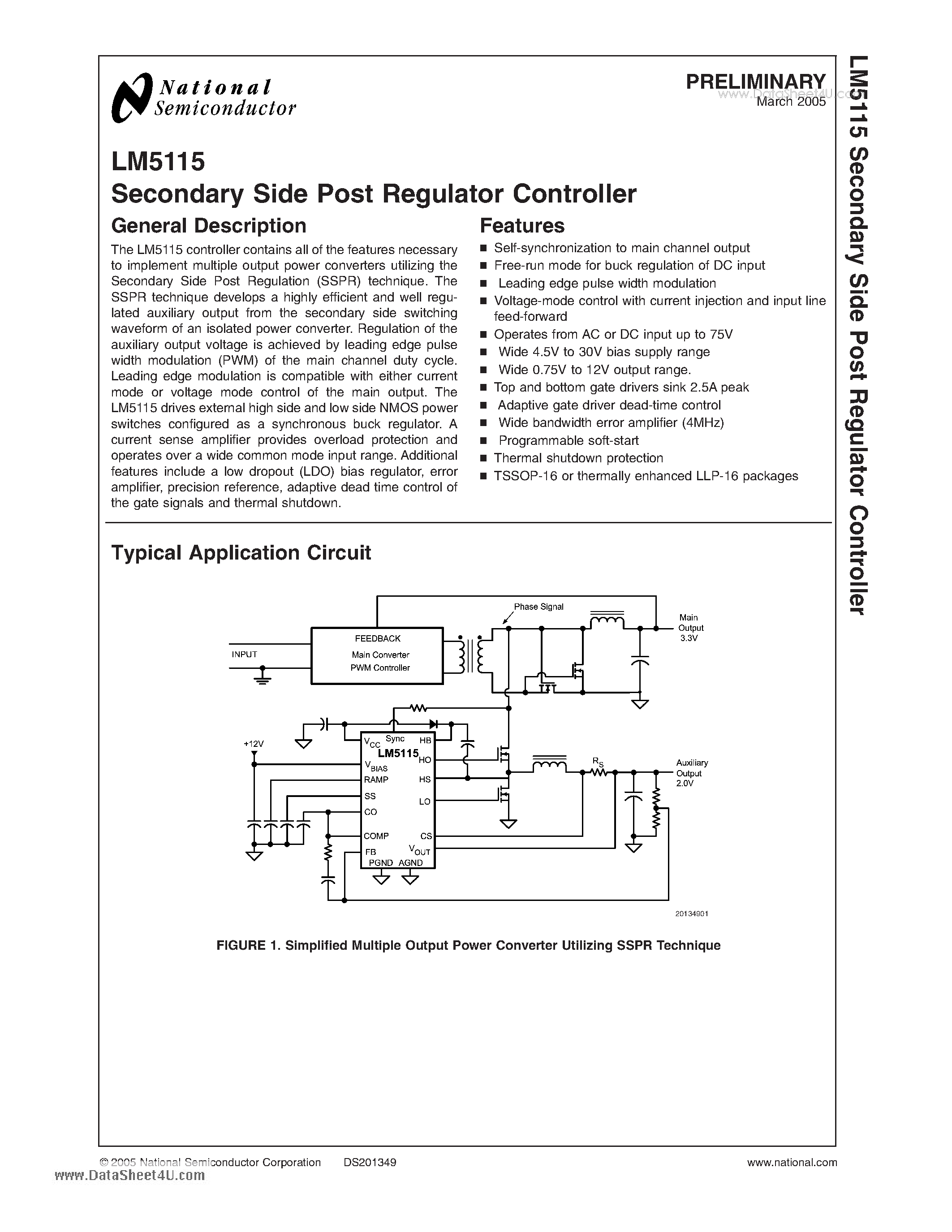 Даташит на микросхему LM5115 страница 1 Даташит LM5115 - Secondary Side Post Regulator Controller страница 1