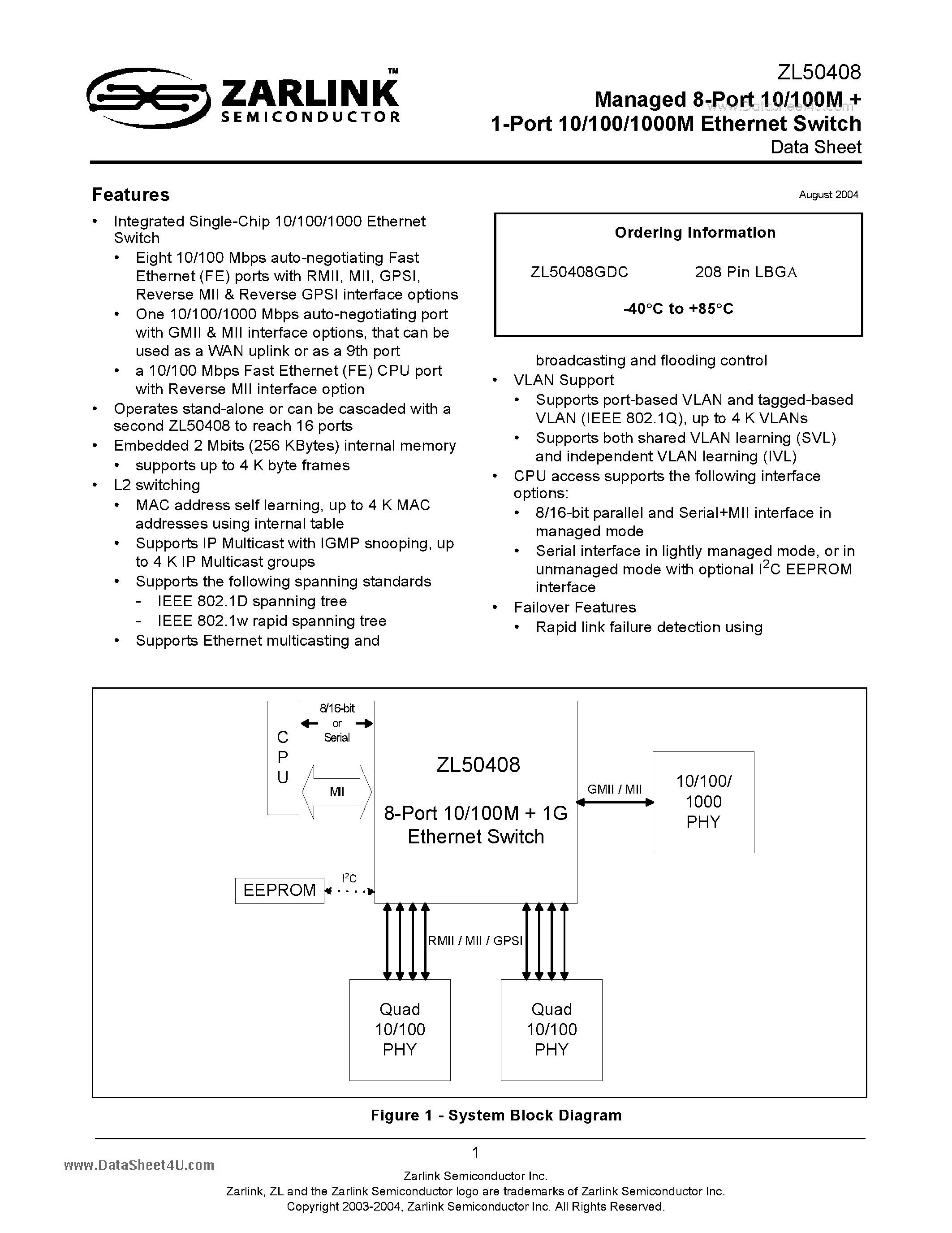 Даташит ZL50408 - Managed 8-Port 10/100M 1-Port 10/100/1000M Ethernet Switch страница 1