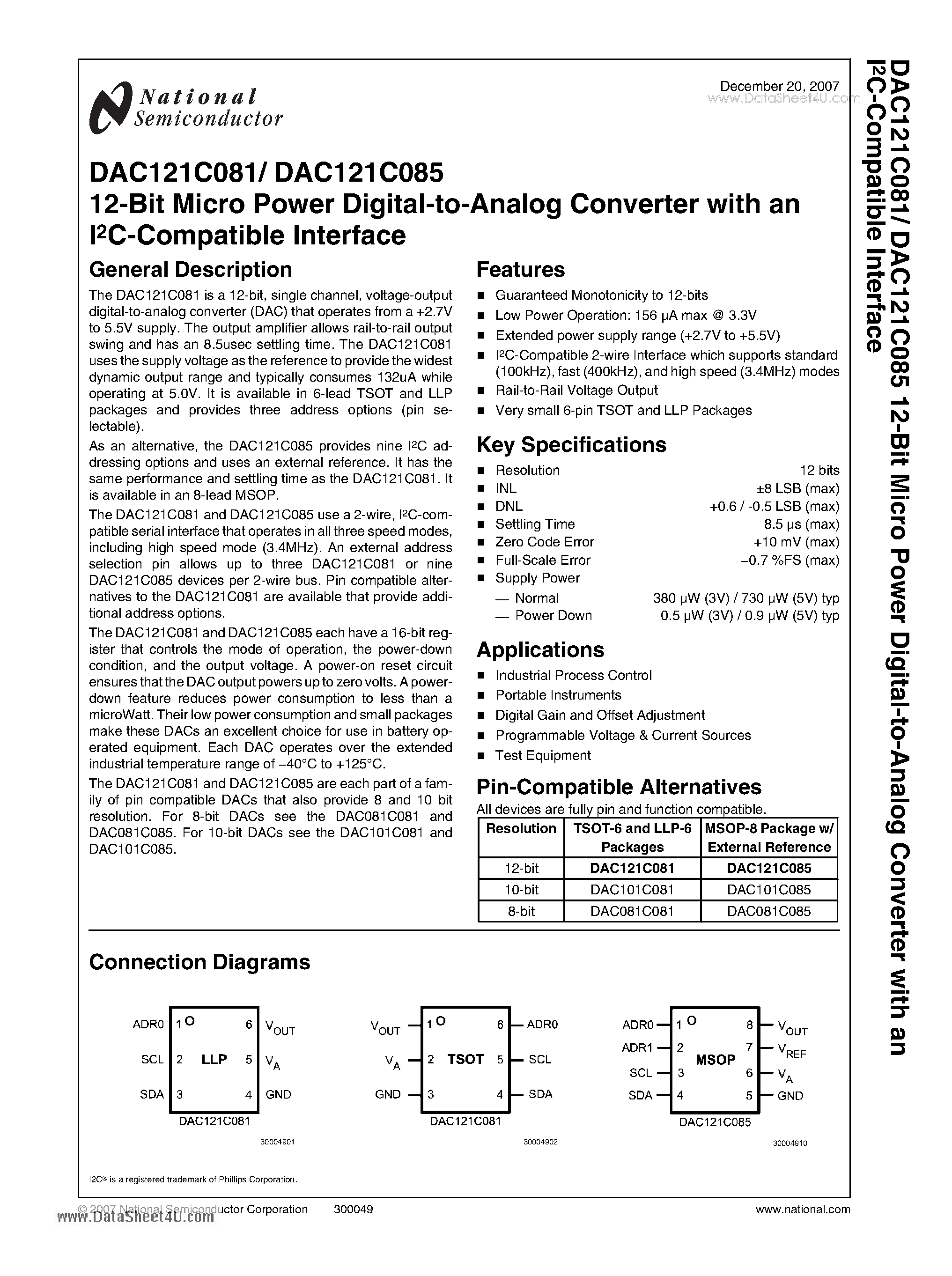 Datasheet DAC081C081 - 12-Bit Micro Power Digital-to-Analog Converter with an I2C-Compatible Interface page 1
