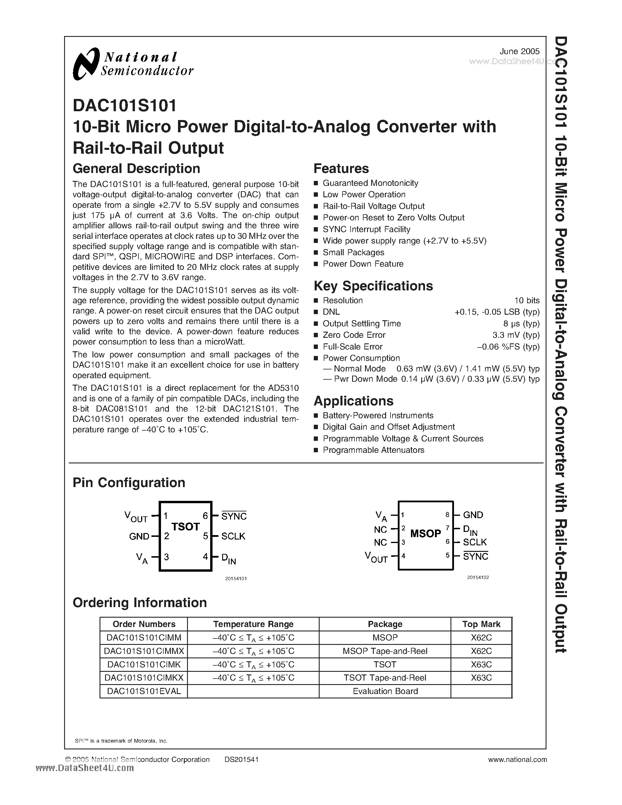 Datasheet DAC101S101 - 10-Bit Micro Power Digital-to-Analog Converter with Rail-to-Rail Output page 1