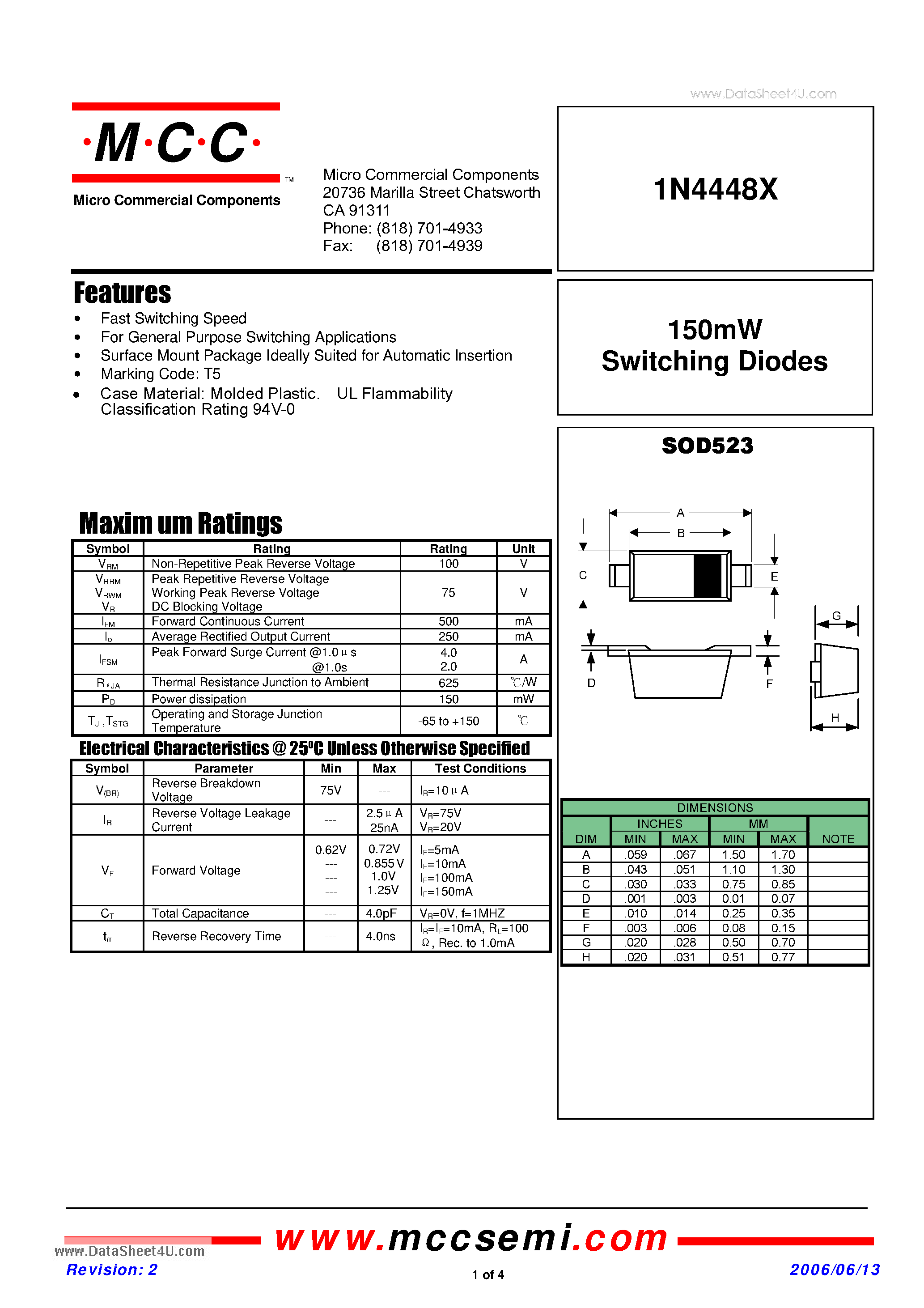 Datasheet 1N4448X - 150mW Switching Diodes page 1
