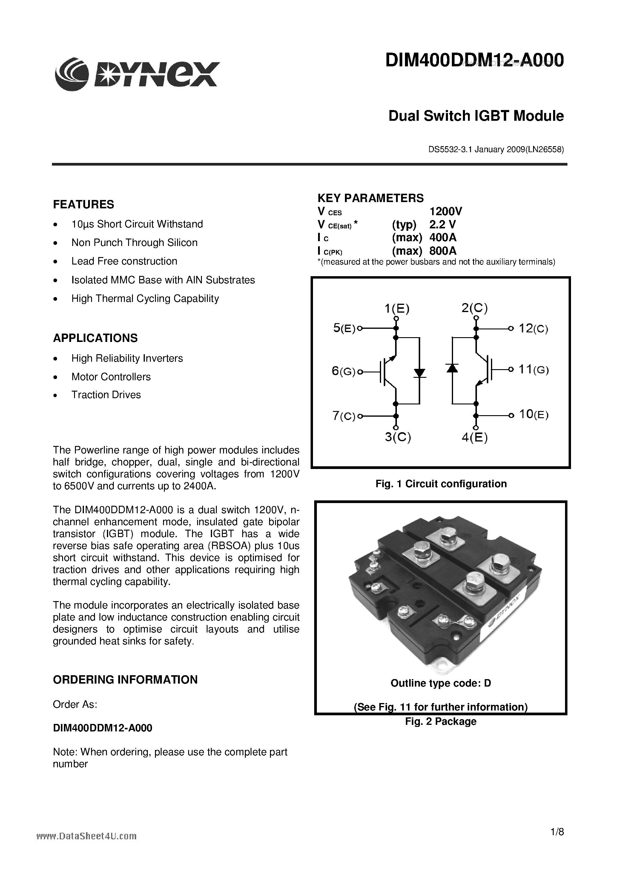 Даташит DIM400DDM12-A000 - Dual Switch IGBT Module страница 1