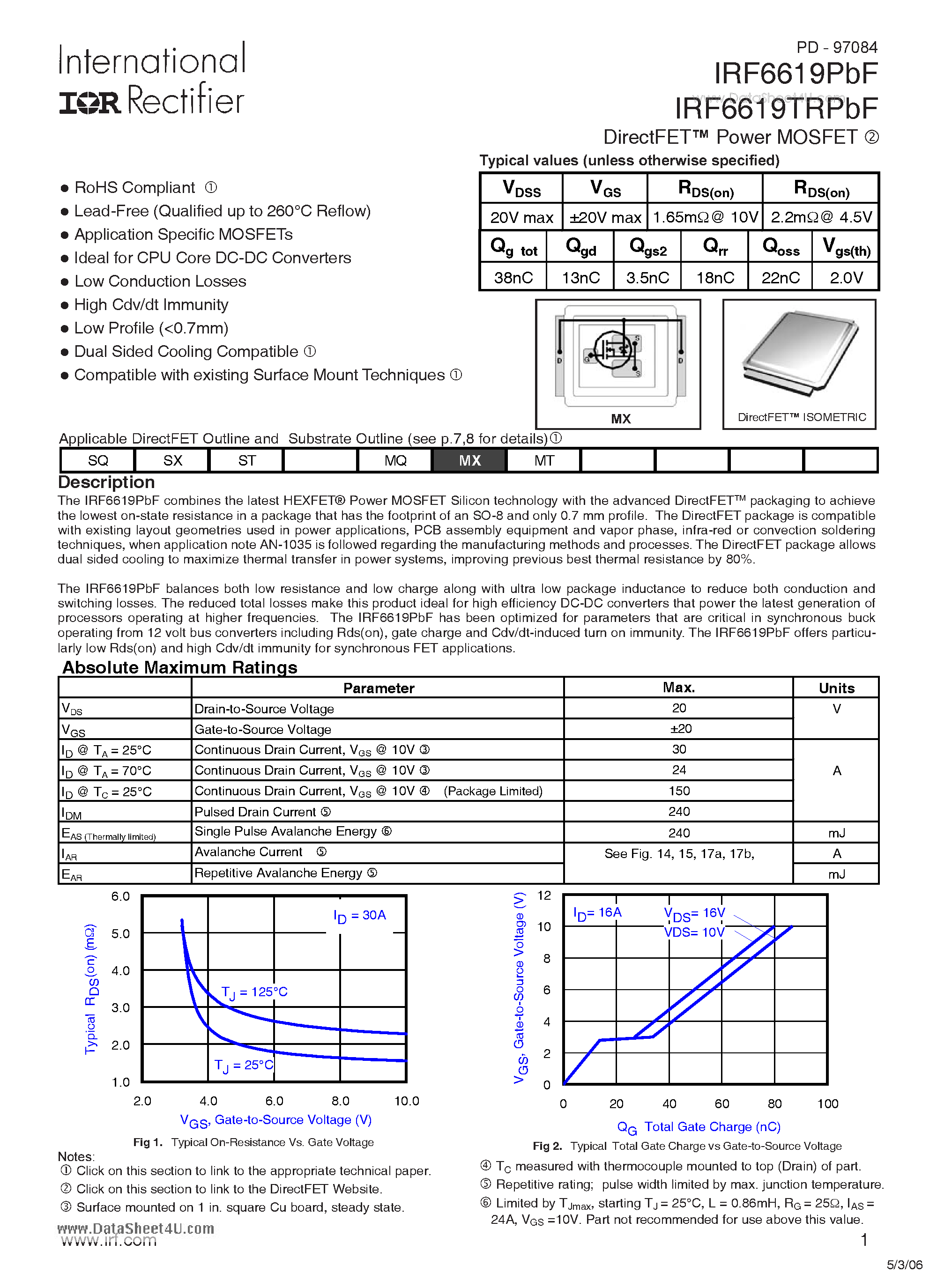 Datasheet IRF6619PbF - DirectFET Power MOSFET page 1