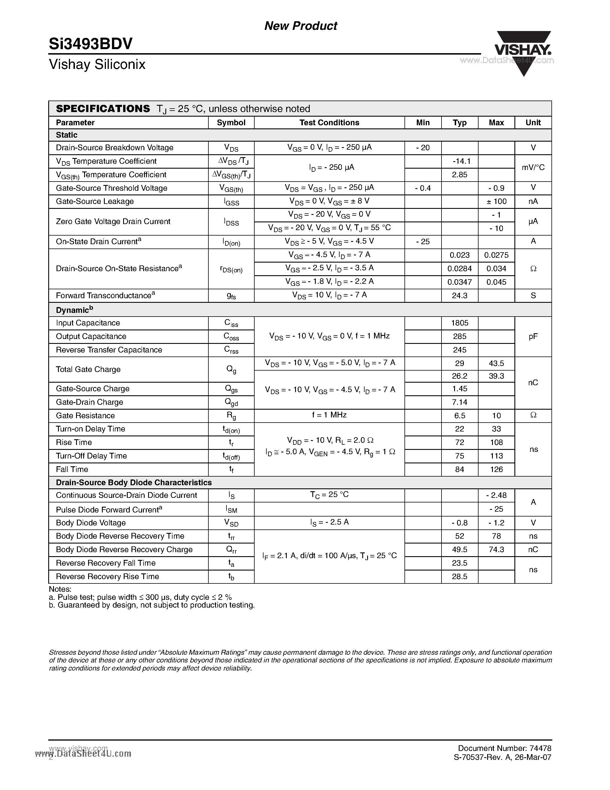 Datasheet SI3493BDV - P-Channel 20-V (D-S) MOSFET page 2