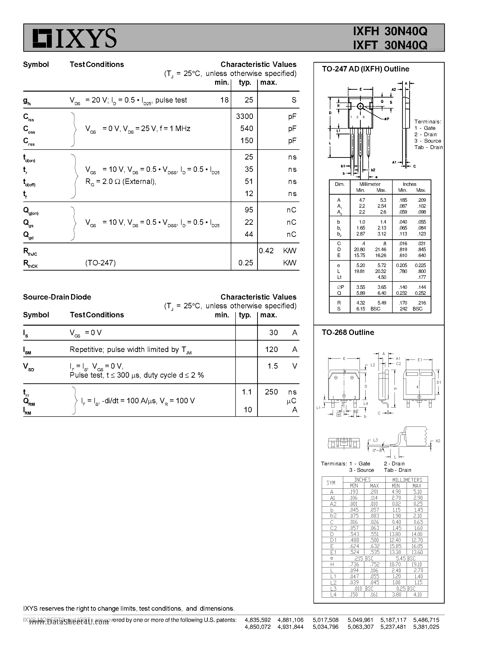 Даташит IXFH30N40Q - HiPerFET Power MOSFETs Q-Class страница 2