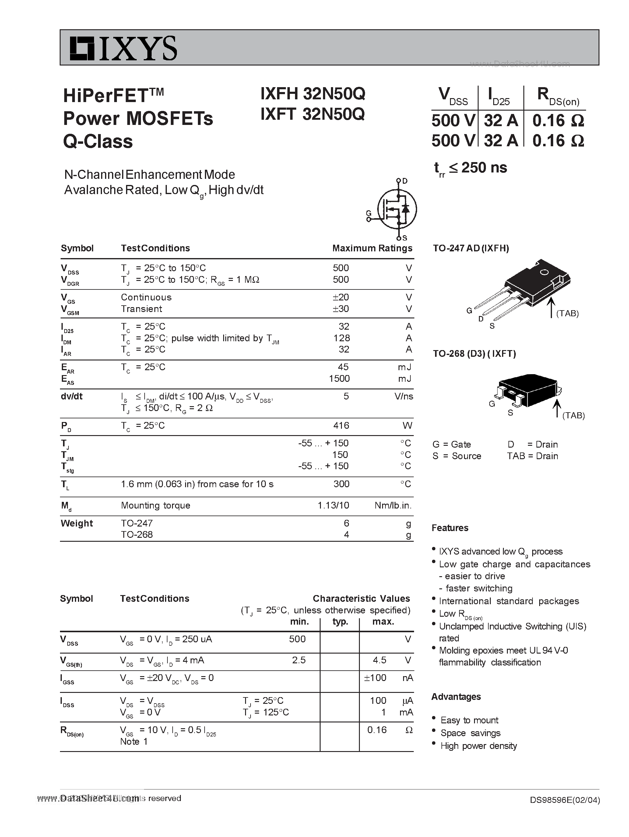 Даташит на микросхему IXFH32N50Q страница 1 Даташит IXFH32N50Q - HiPerFET Power MOSFETs Q-Class страница 1