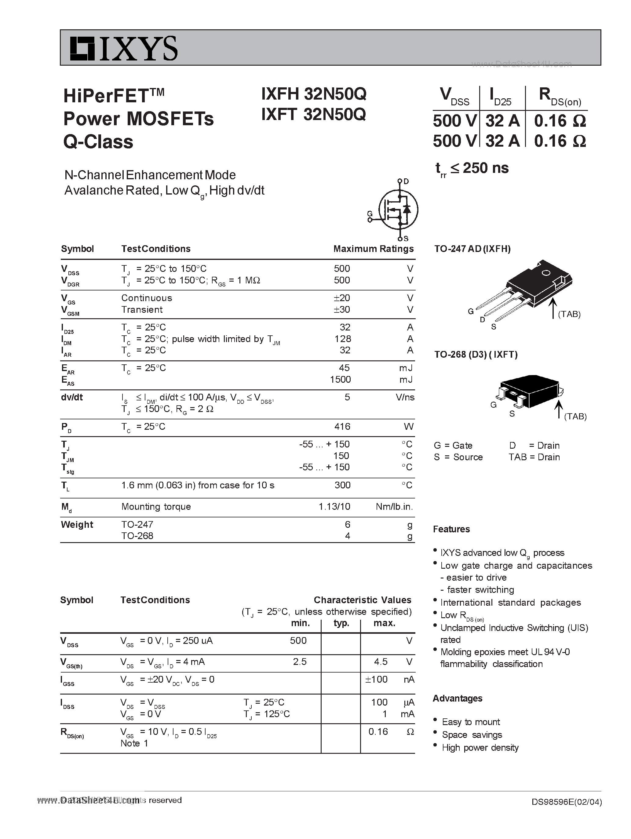 Даташит IXFH32N50Q - HiPerFET Power MOSFETs Q-Class страница 1