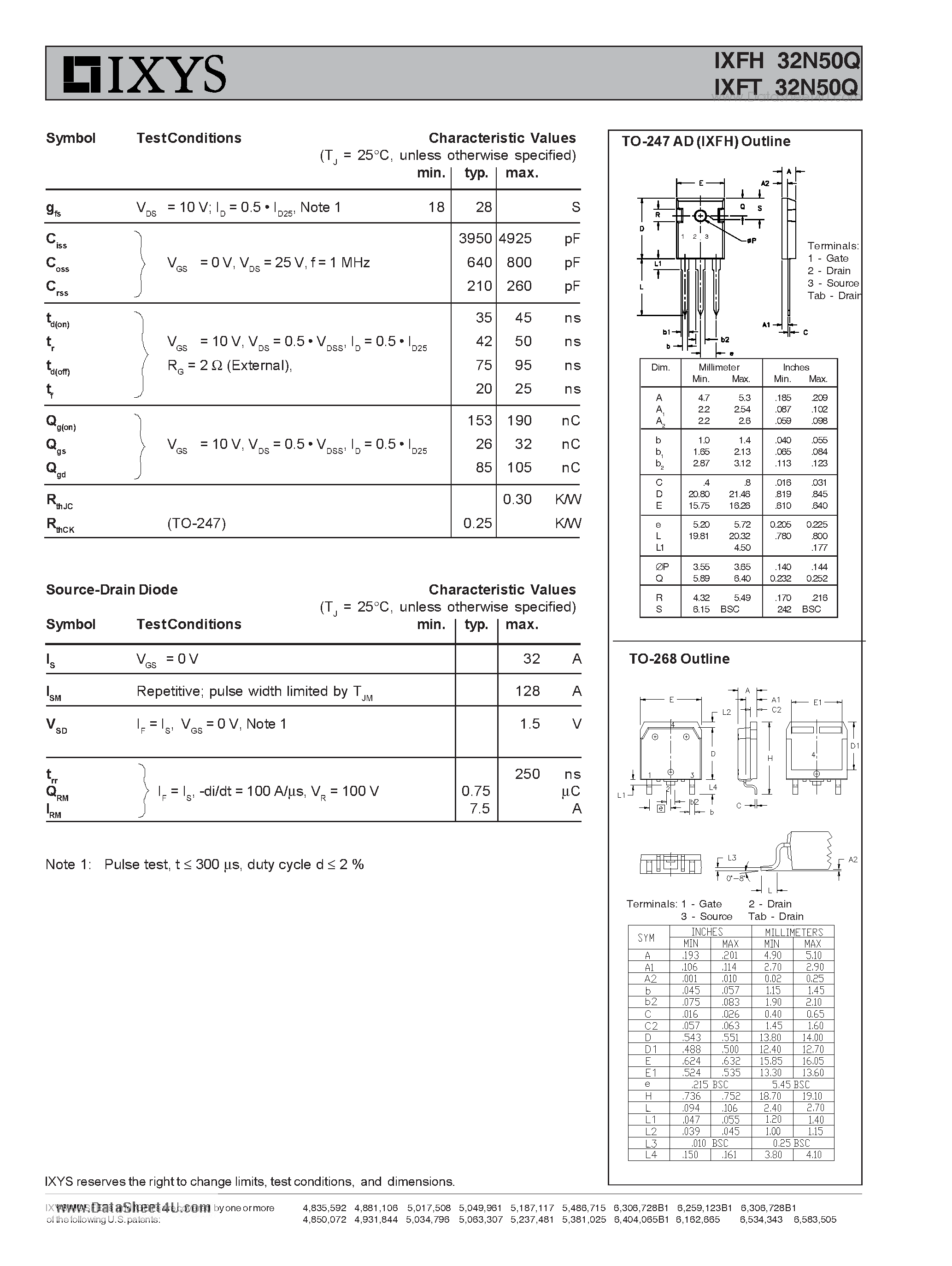 Datasheet IXFH32N50Q - HiPerFET Power MOSFETs Q-Class page 2
