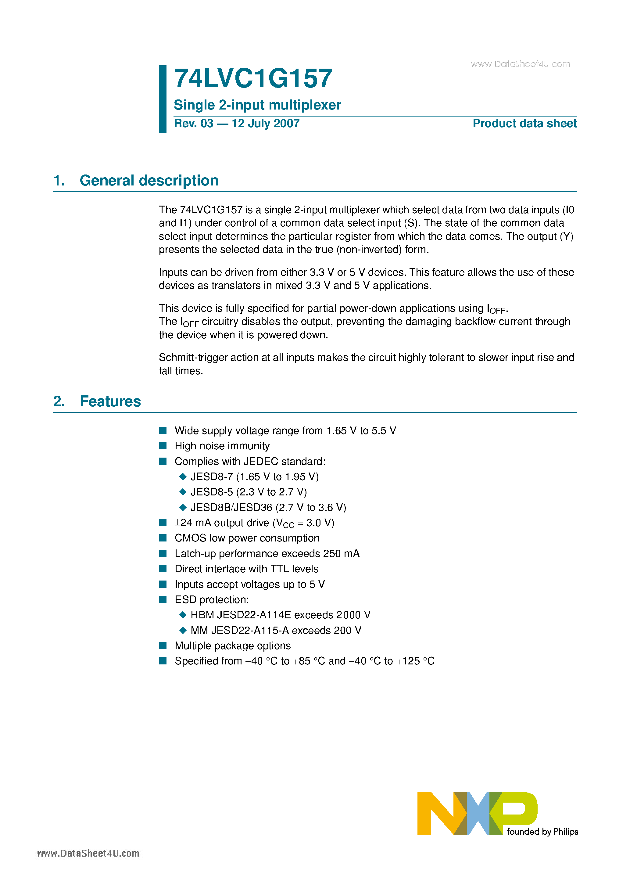 Даташит на микросхему 74LVC1G157 страница 1 Даташит 74LVC1G157 - Single 2-input multiplexer страница 1