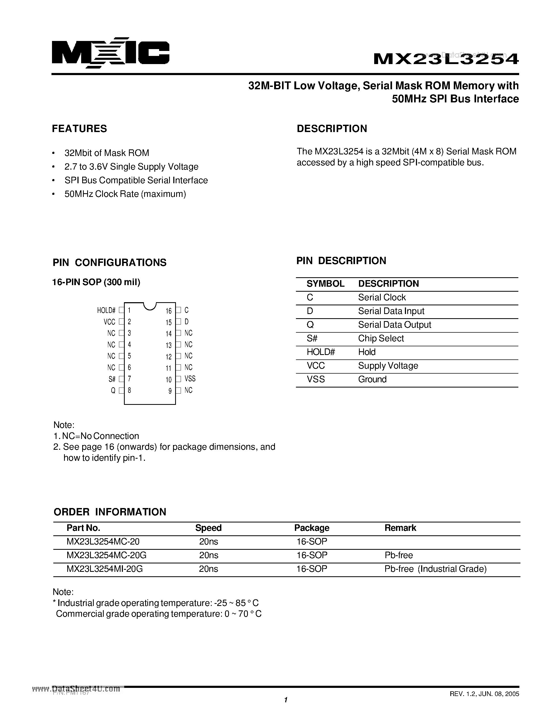 Datasheet MX23L3254 page 1 Datasheet MX23L3254 - 32M-BIT Low Voltage - Serial Mask ROM Memory with 50MHz SPI Bus Interface page 1