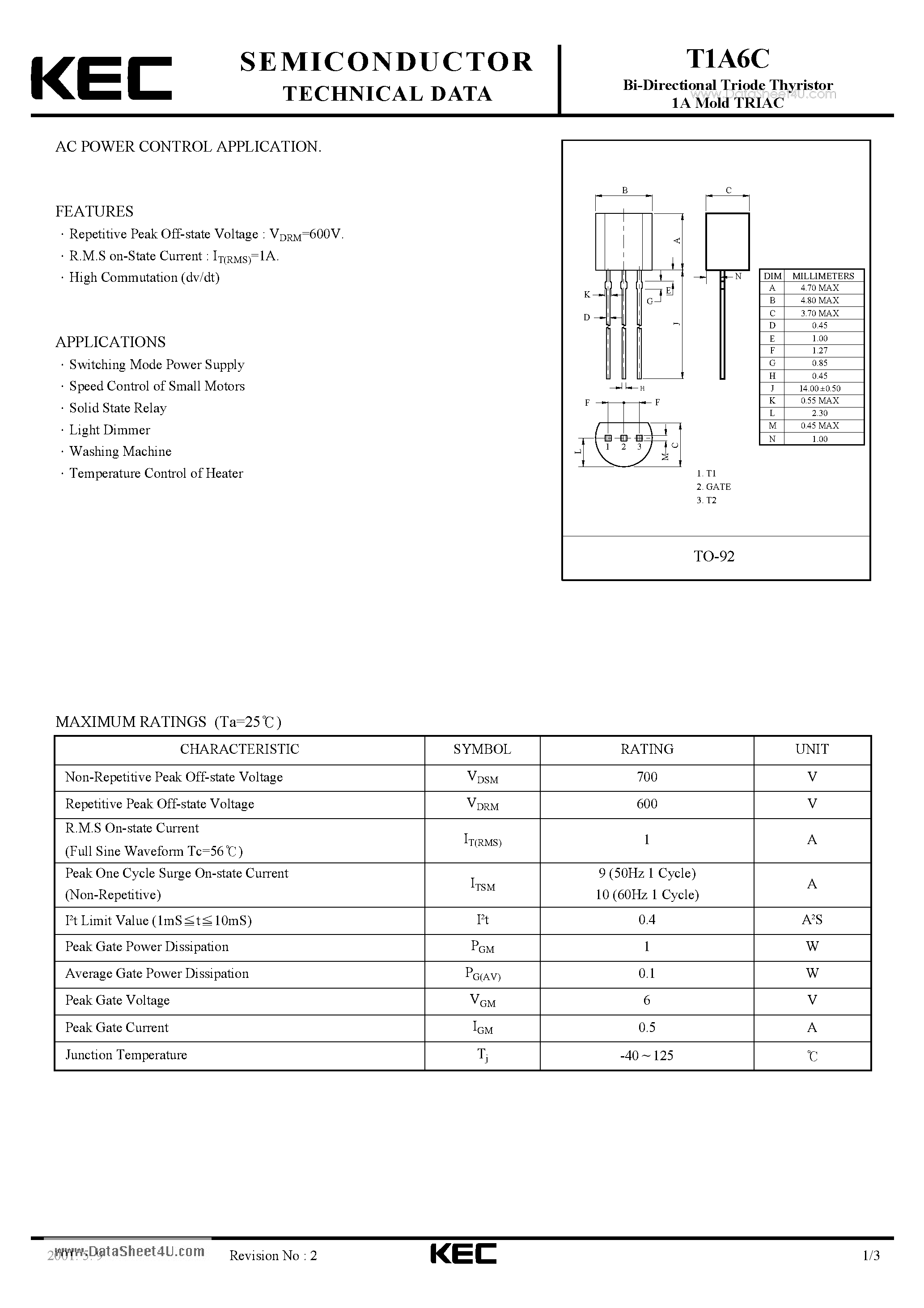 Datasheet T1A6C - BI-DIRECTIONAL TRIODE THYRISTOR 1A MOLD TRIAC (AC POWER CONTROL) page 1