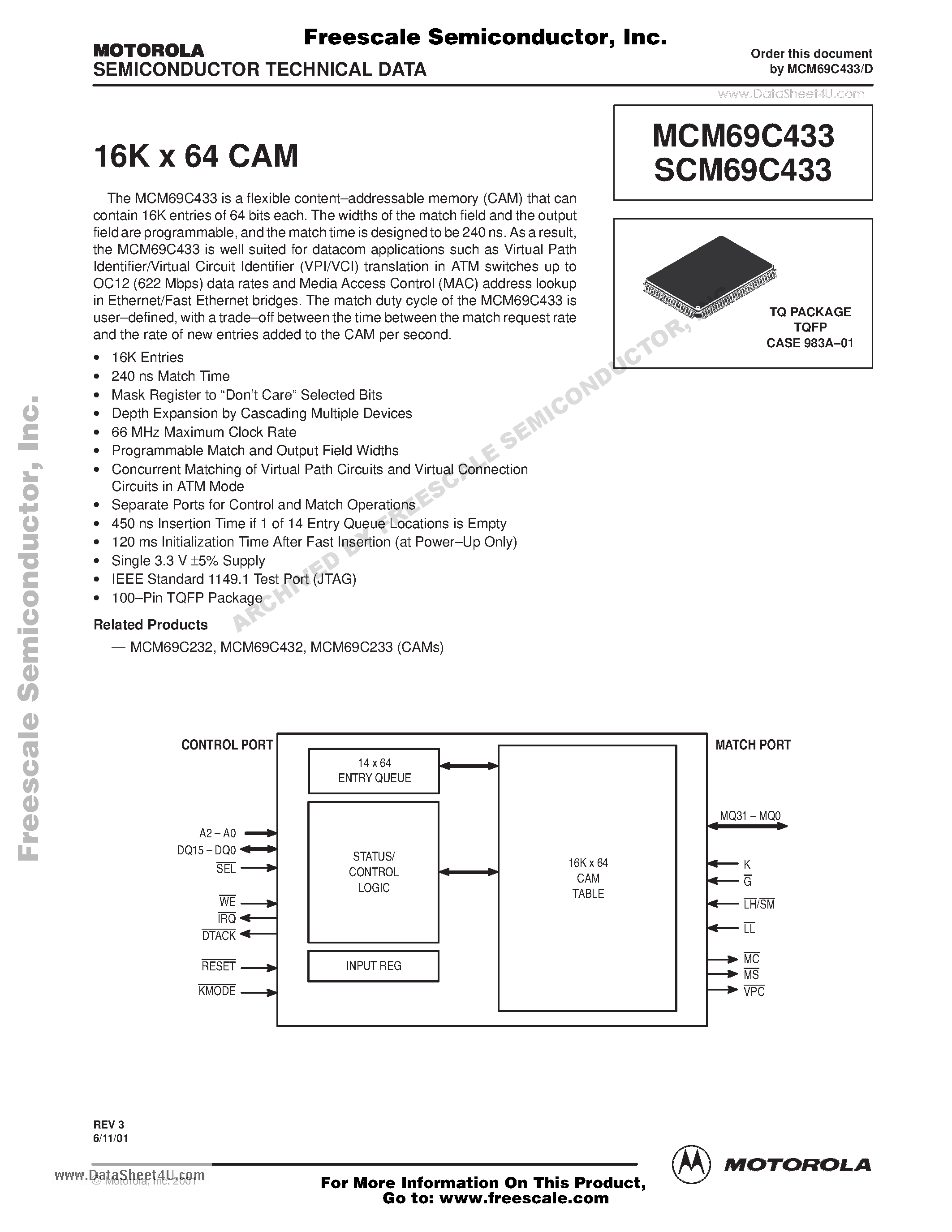 Datasheet MCM69C433 - 16K x 64 CAM page 1
