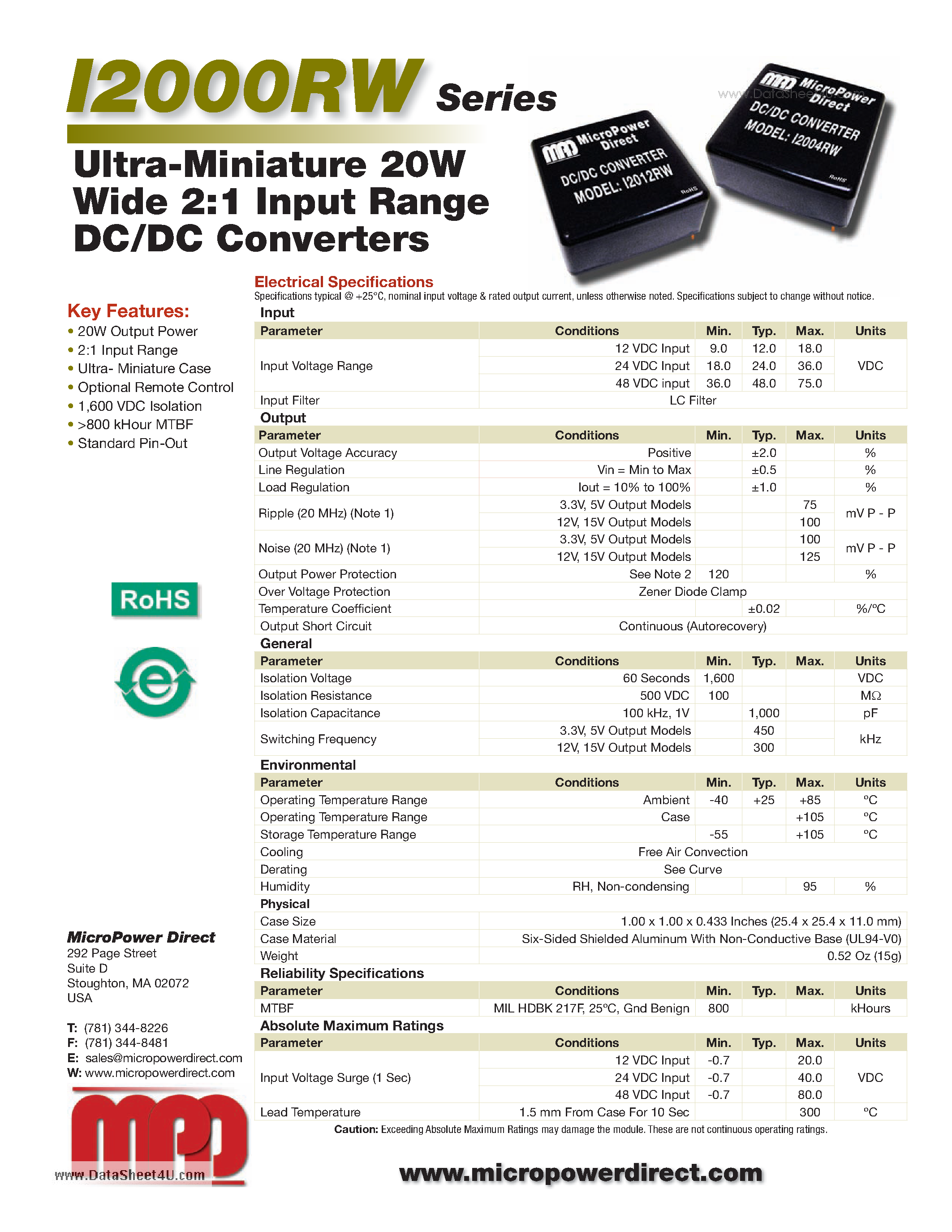 Datasheet I2000RW - Ultra-Miniature 20W Wide 2:1 Input Range DC/DC Converters page 1