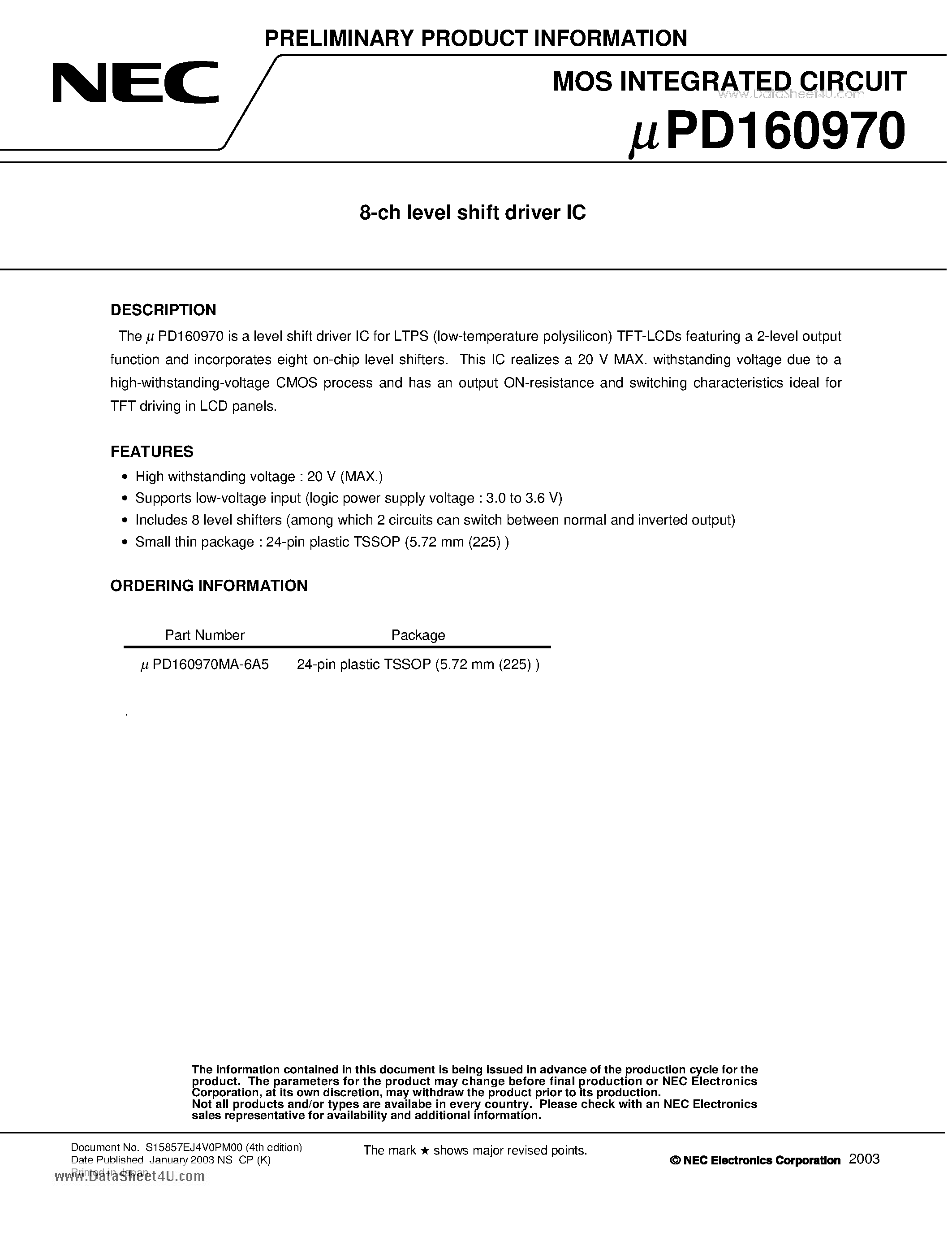 Даташит UPD160970 - 8-ch level shift driver IC страница 1