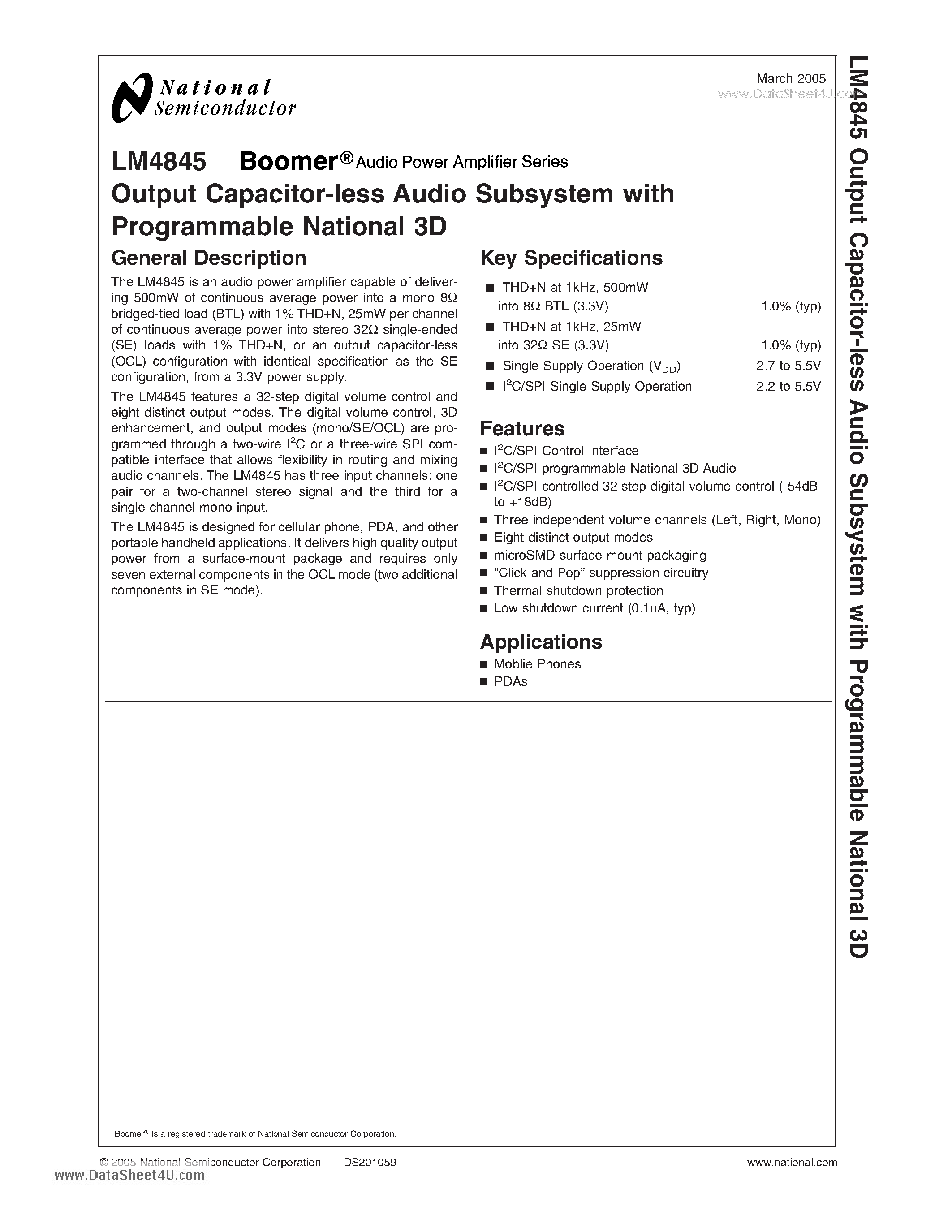 Datasheet LM4845 - Output Capacitor-less Audio Subsystem page 1
