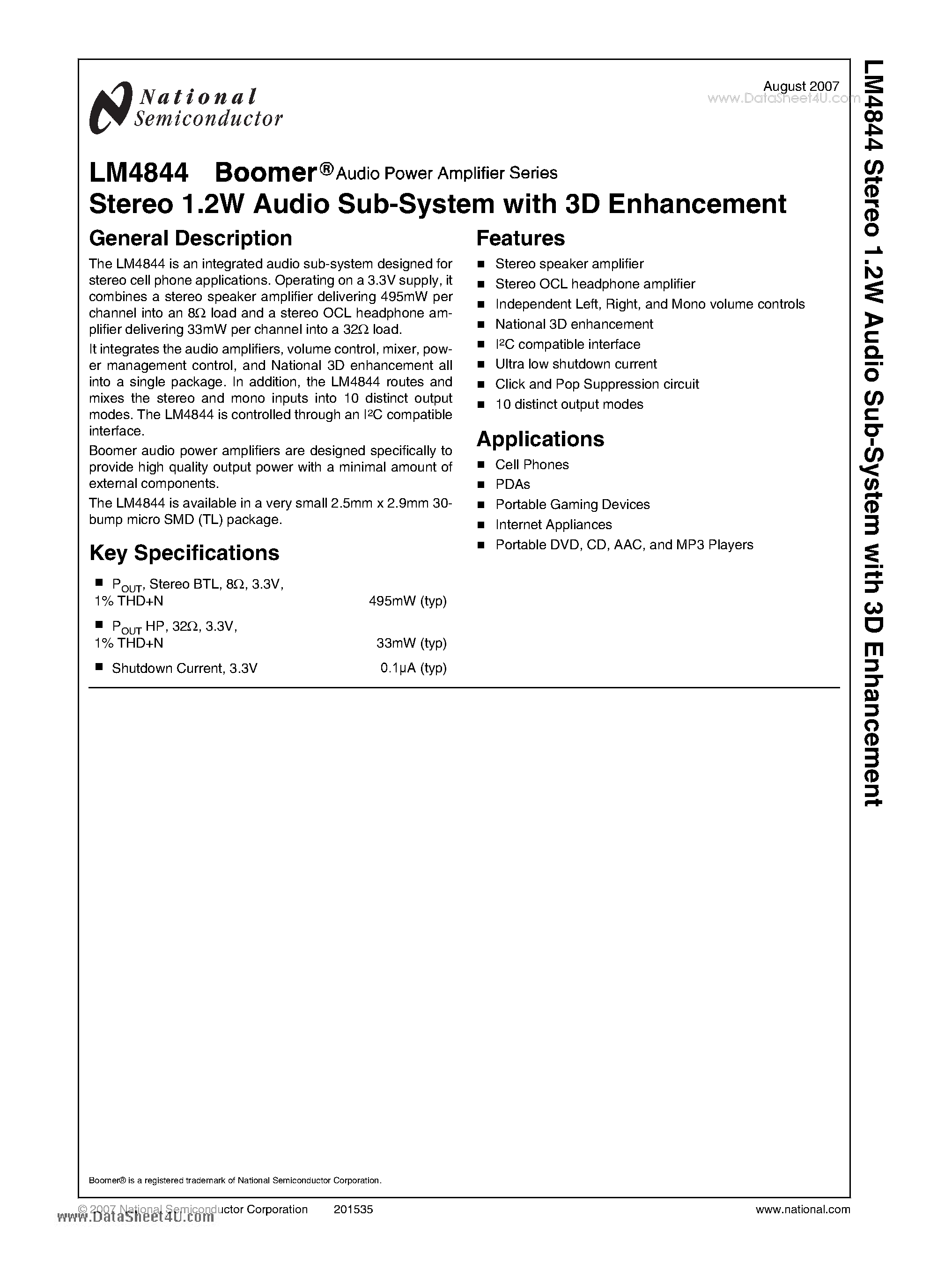 Datasheet LM4844 - Stereo 1.2W Audio Sub-System with 3D Enhancement page 1