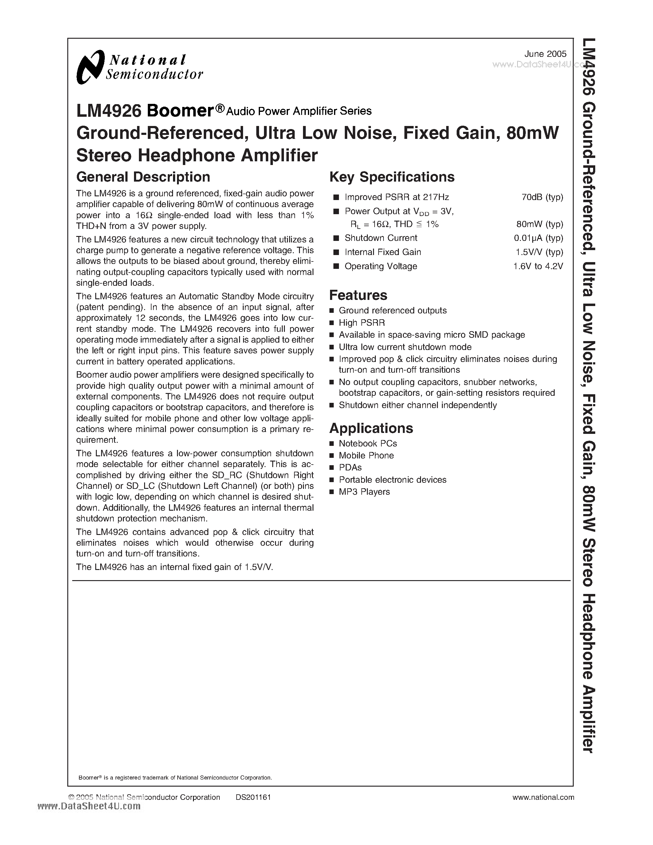 Даташит на микросхему LM4926 страница 1 Даташит LM4926 - Ground-Referenced and Ultra Low Noise - Fixed Gain - 80mW Stereo Headphone Amplifier страница 1