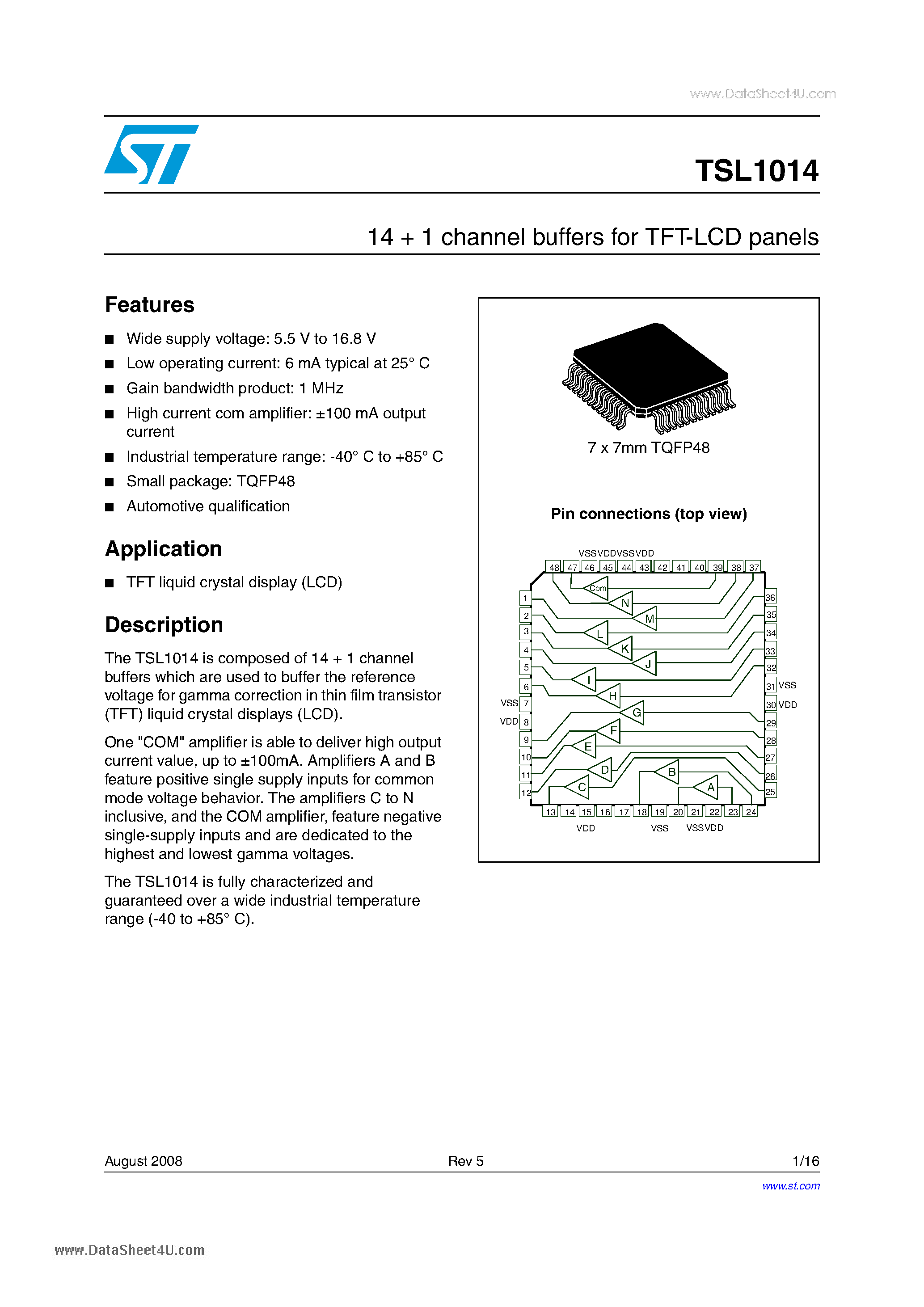 Datasheet TSL1014 - 14 + 1 channel buffers for TFT-LCD panels page 1