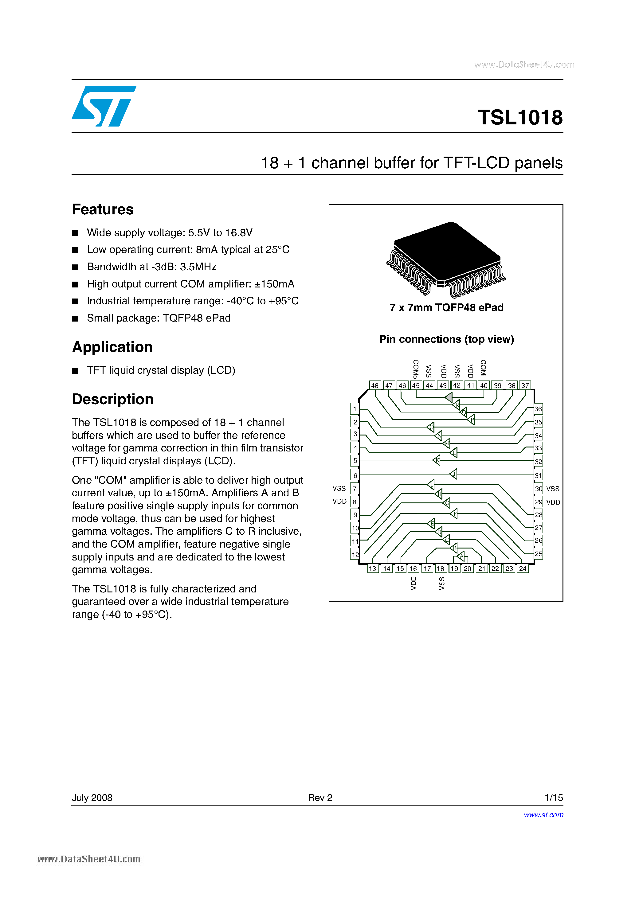 Datasheet TSL1018 - 18 + 1 channel buffers for TFT-LCD panels page 1