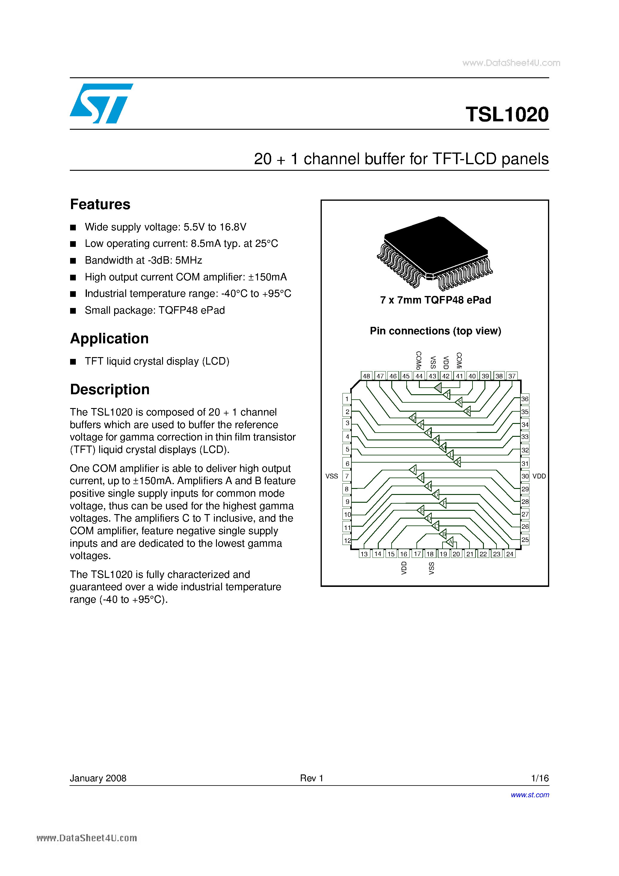 Datasheet TSL1020 - 20 + 1 channel buffers for TFT-LCD panels page 1
