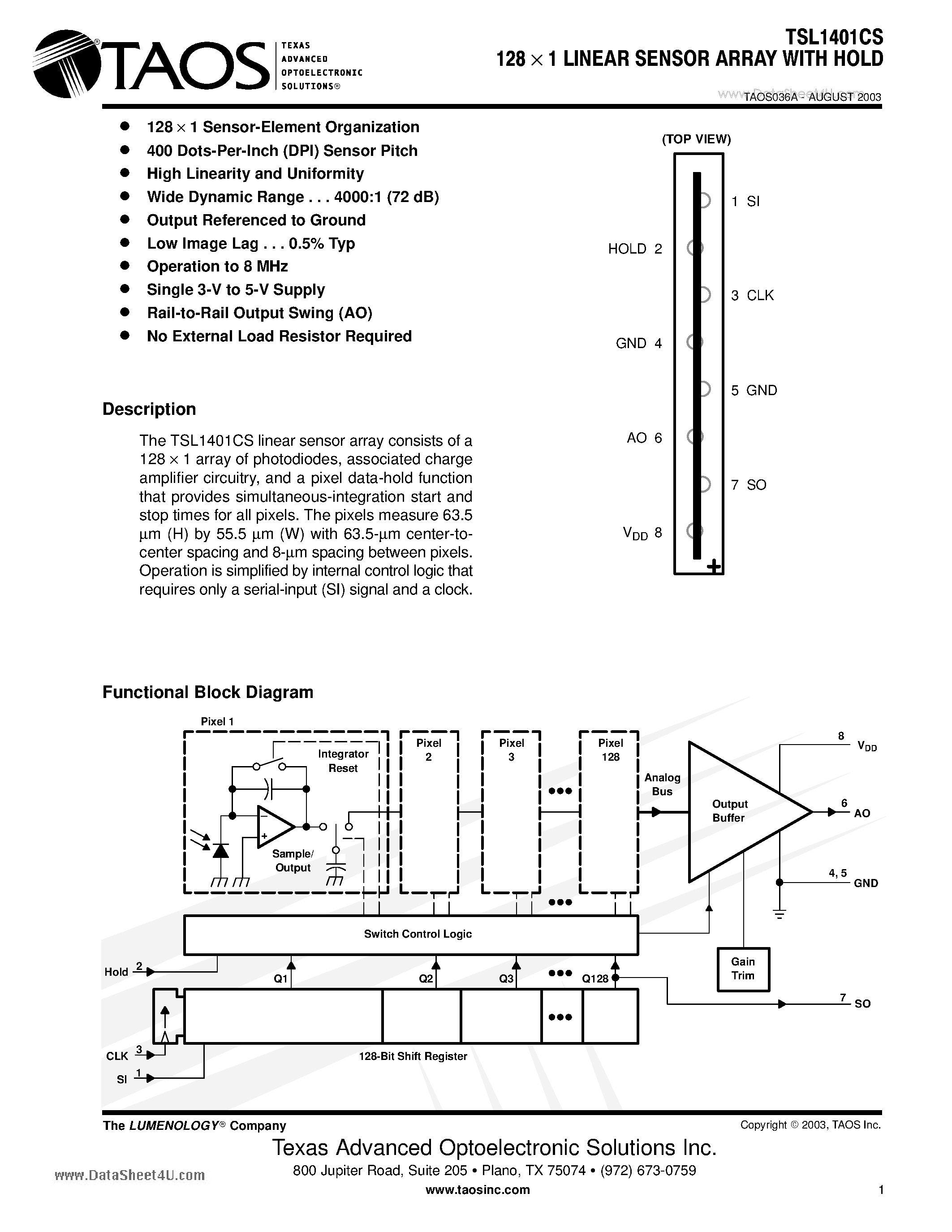 Даташит на микросхему TSL1401CS страница 1 Даташит TSL1401CS - 128 x 1 LINEAR SENSOR ARRAY WITH HOLD страница 1