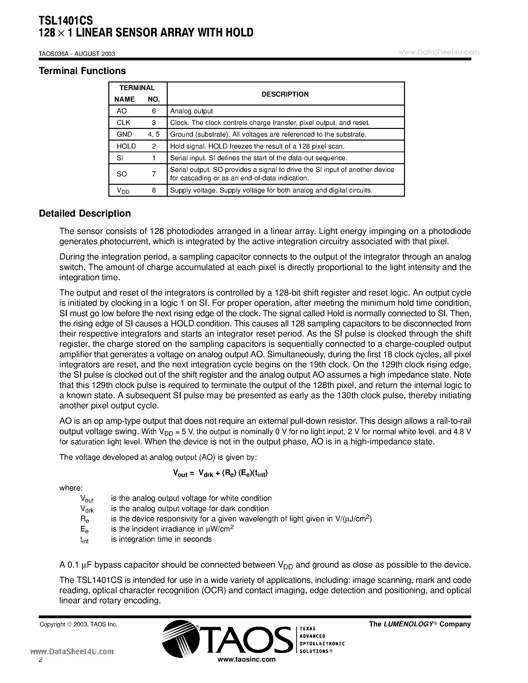 Даташит на микросхему TSL1401CS страница 2 Даташит TSL1401CS - 128 x 1 LINEAR SENSOR ARRAY WITH HOLD страница 2