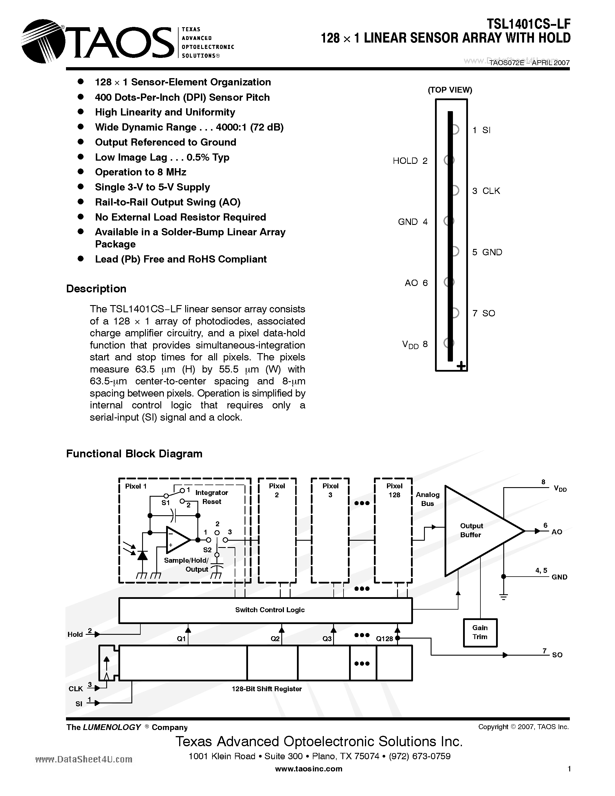 Datasheet TSL1401CS-LF - 128 x 1 LINEAR SENSOR ARRAY WITH HOLD page 1