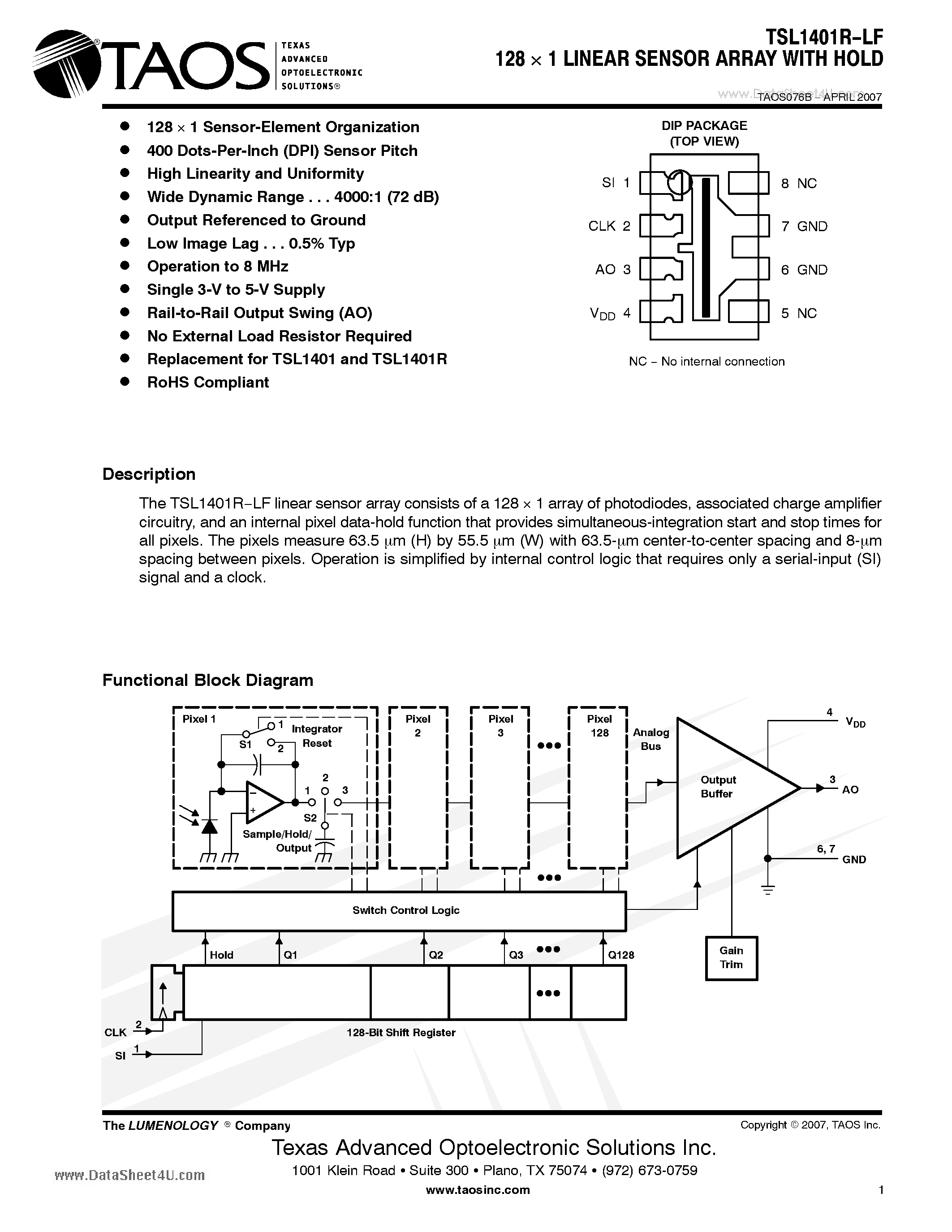 Datasheet TSL1401R-LF - 128 x 1 LINEAR SENSOR ARRAY WITH HOLD page 1