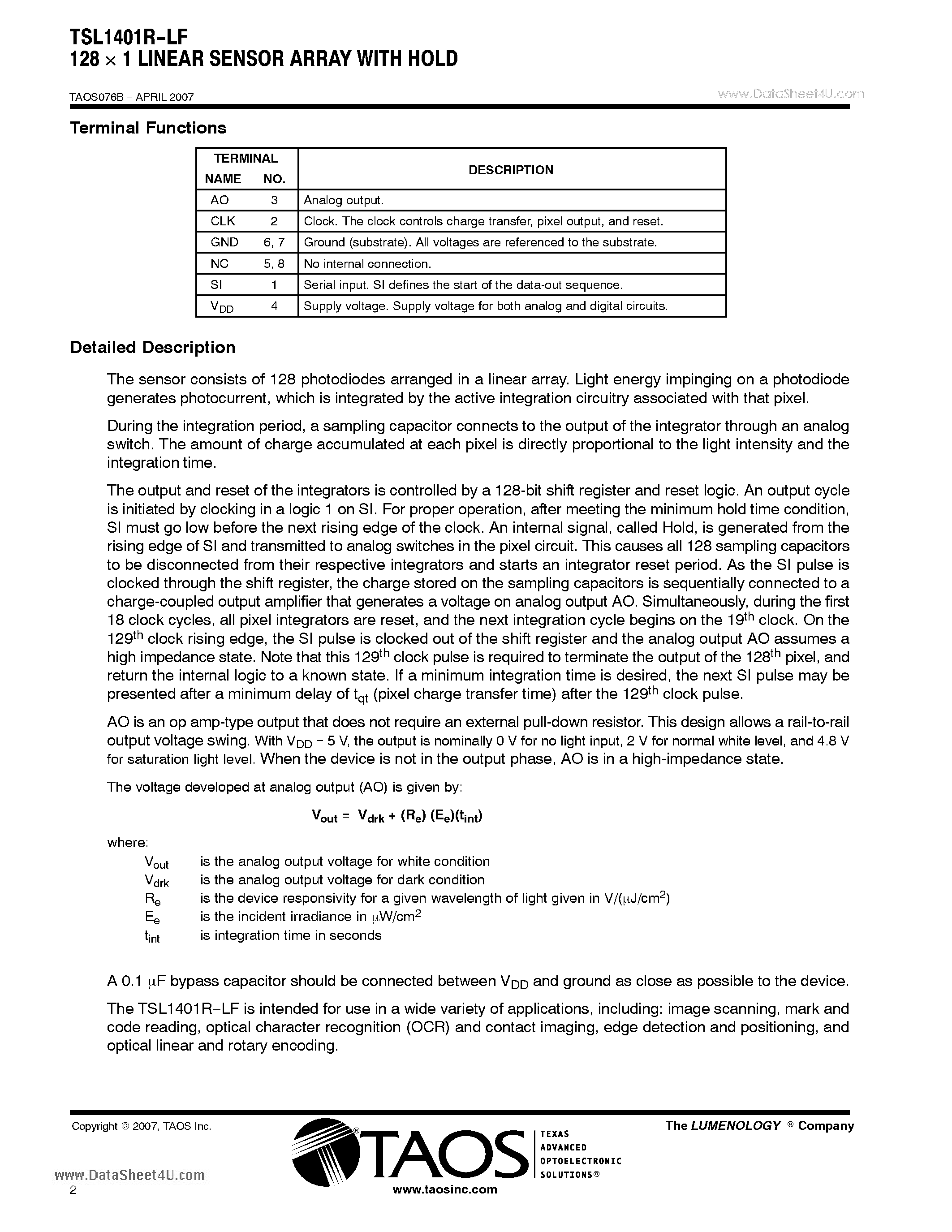 Datasheet TSL1401R-LF - 128 x 1 LINEAR SENSOR ARRAY WITH HOLD page 2