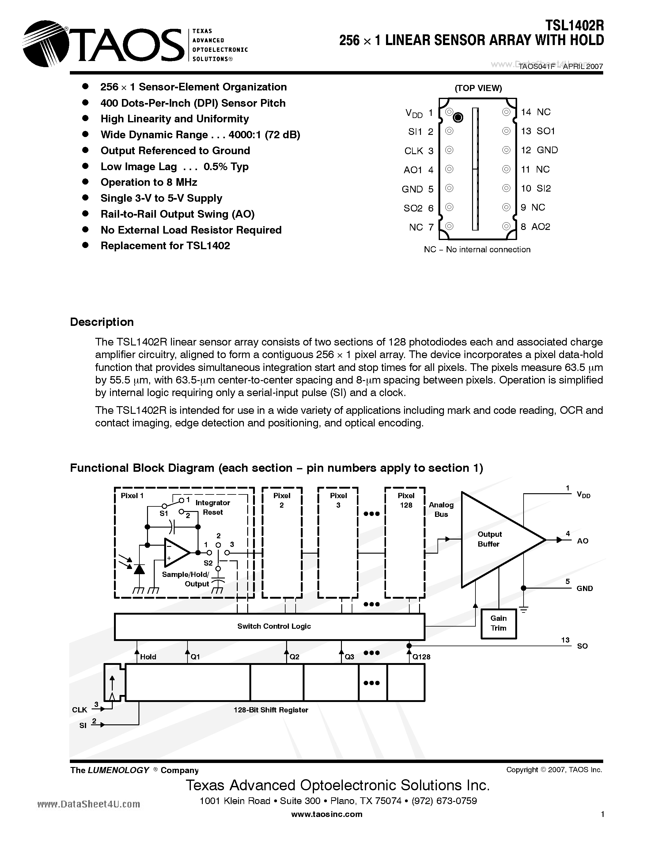 Datasheet TSL1402R - 256 x 1 LINEAR SENSOR ARRAY WITH HOLD page 1