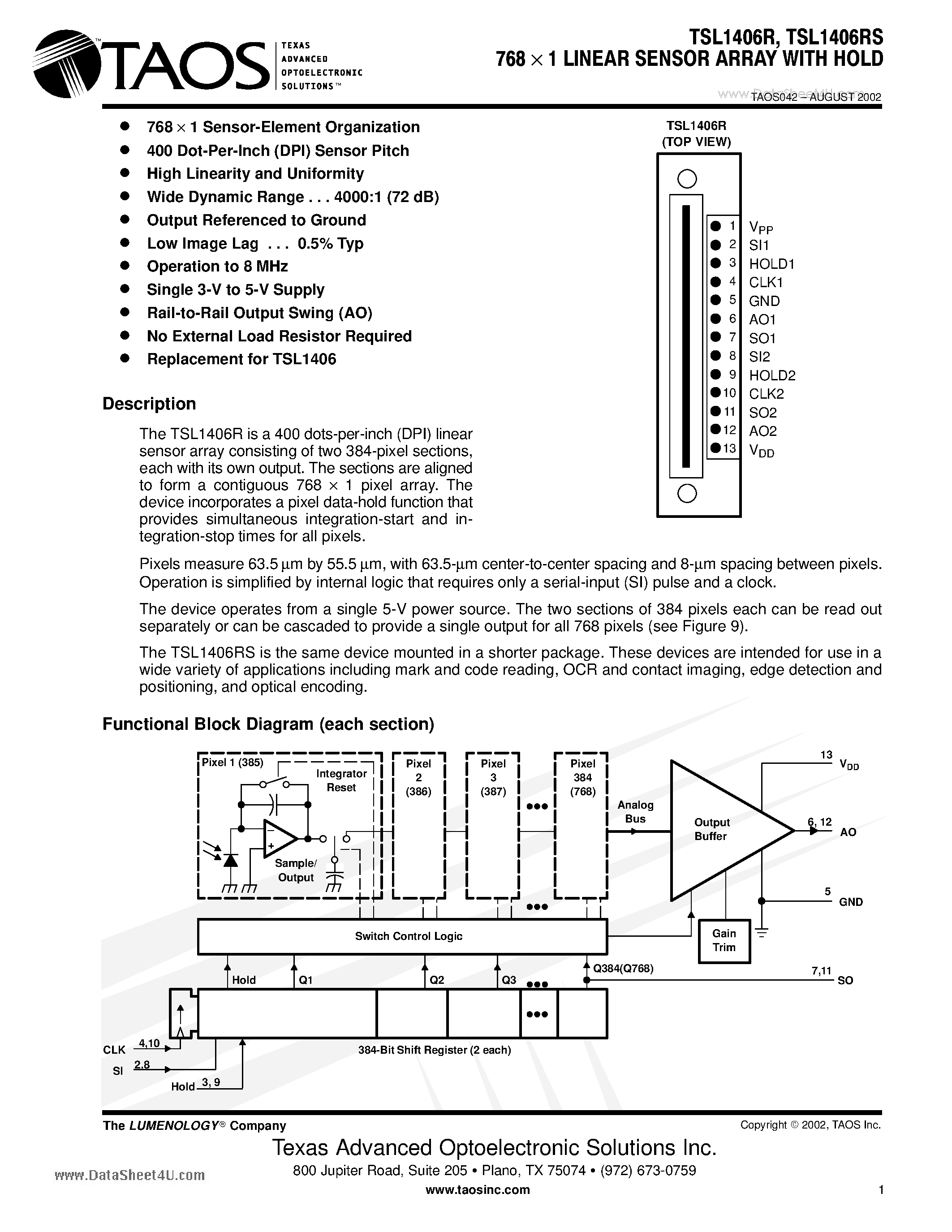 Datasheet TSL1406R - 768 x 1 LINEAR SENSOR ARRAY WITH HOLD page 1