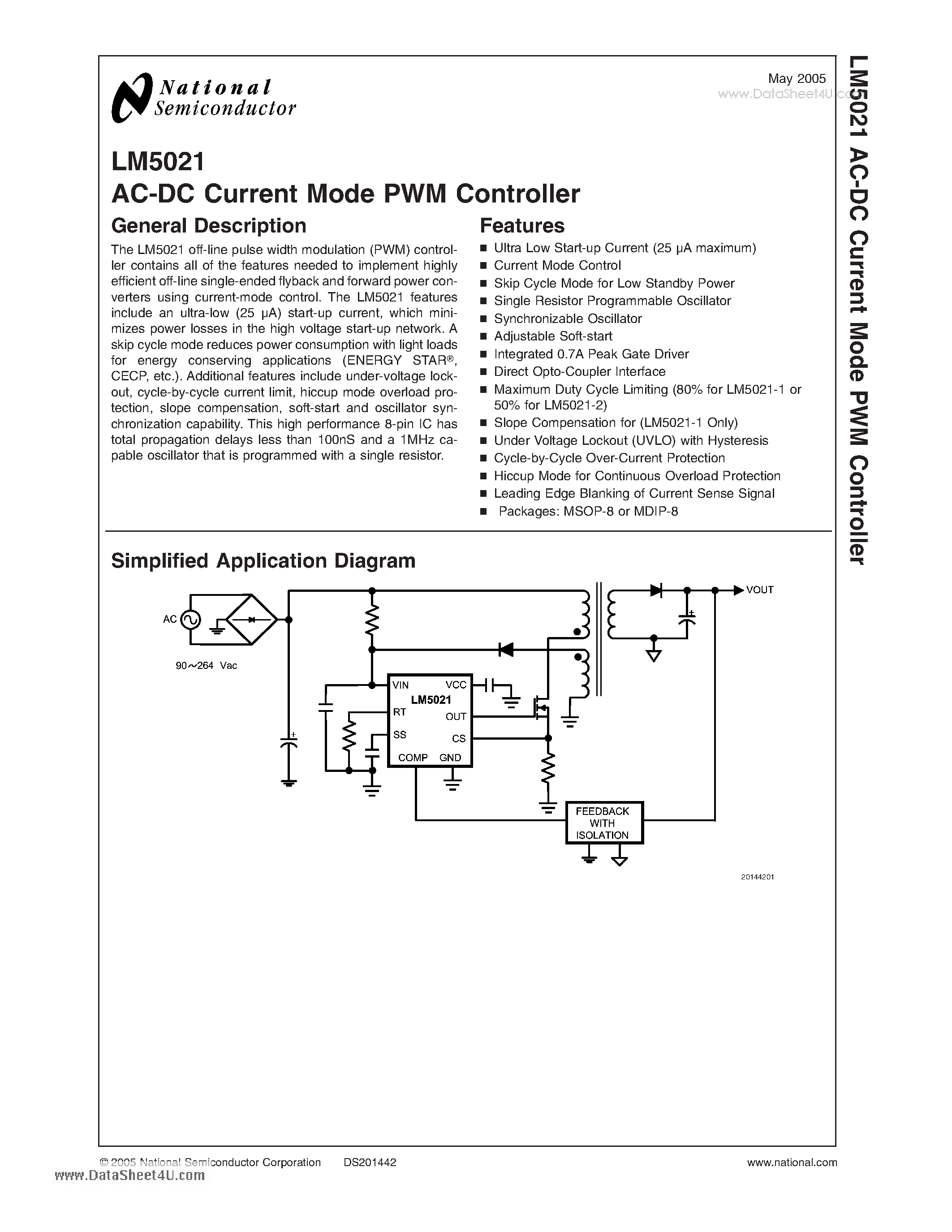 Даташит LM5021 - AC-DC Current Mode PWM Controller страница 1