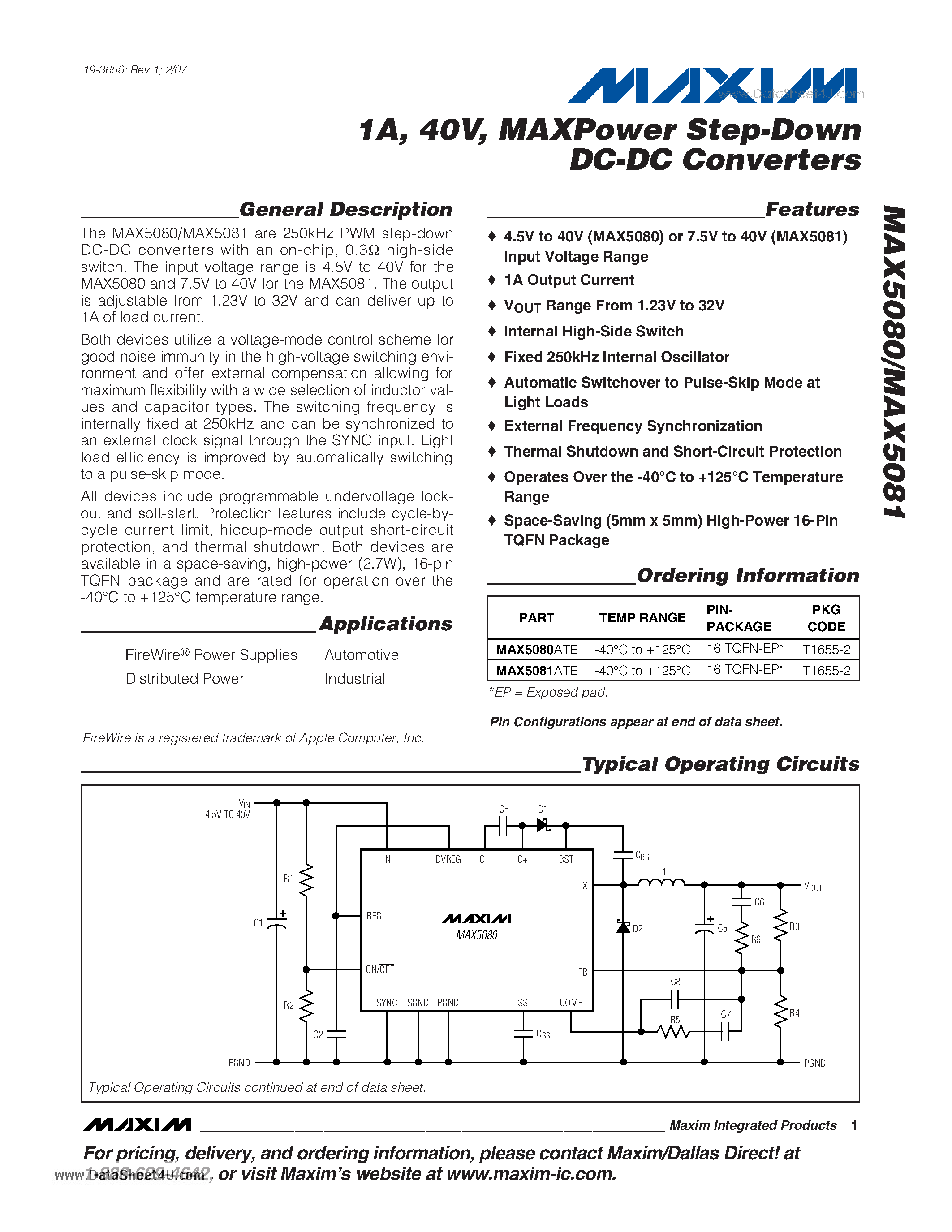 Datasheet MAX5080 - 1A / 40V / MAXPower Step-Down DC-DC Converters page 1