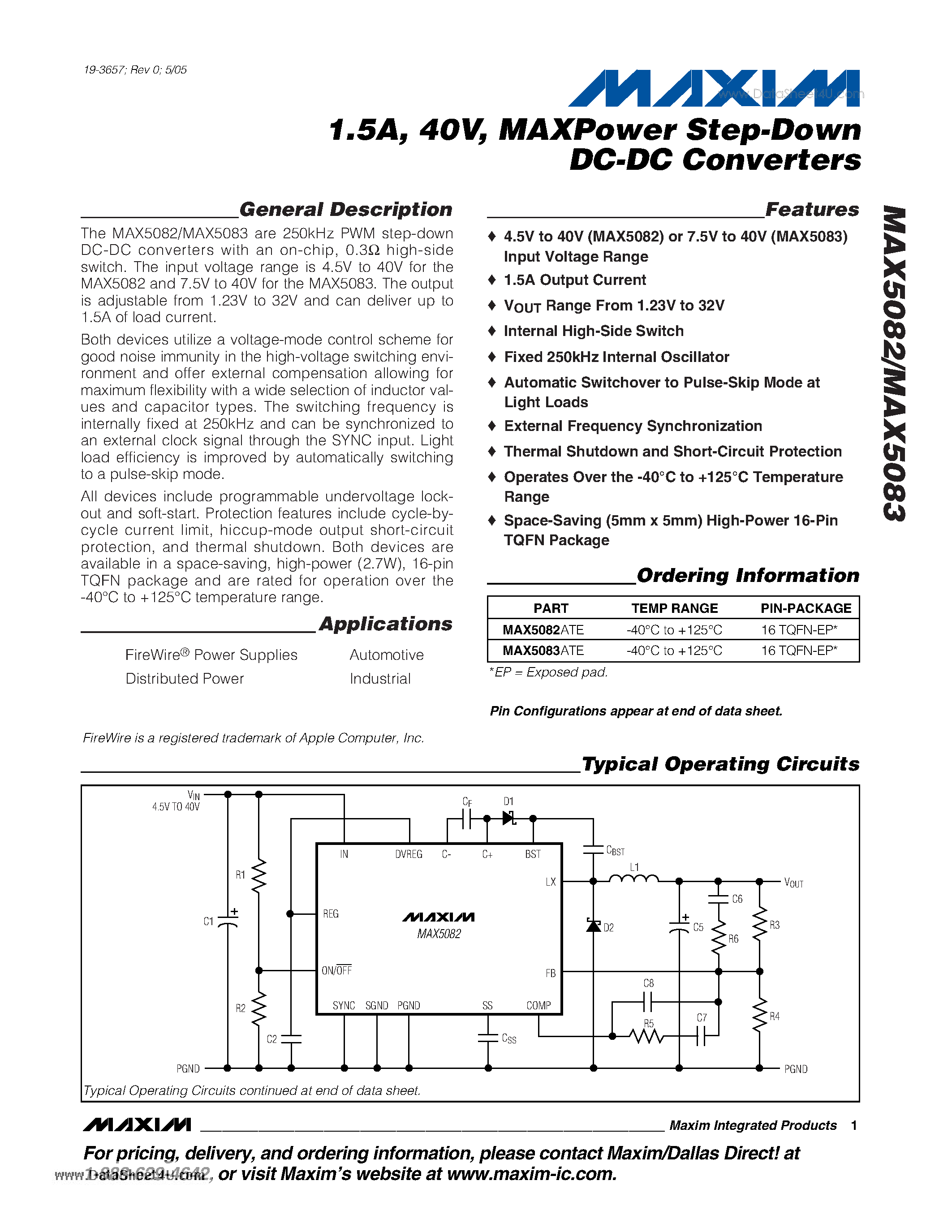 Datasheet MAX5082 - 1.5A / 40V / MAXPower Step-Down DC-DC Converters page 1