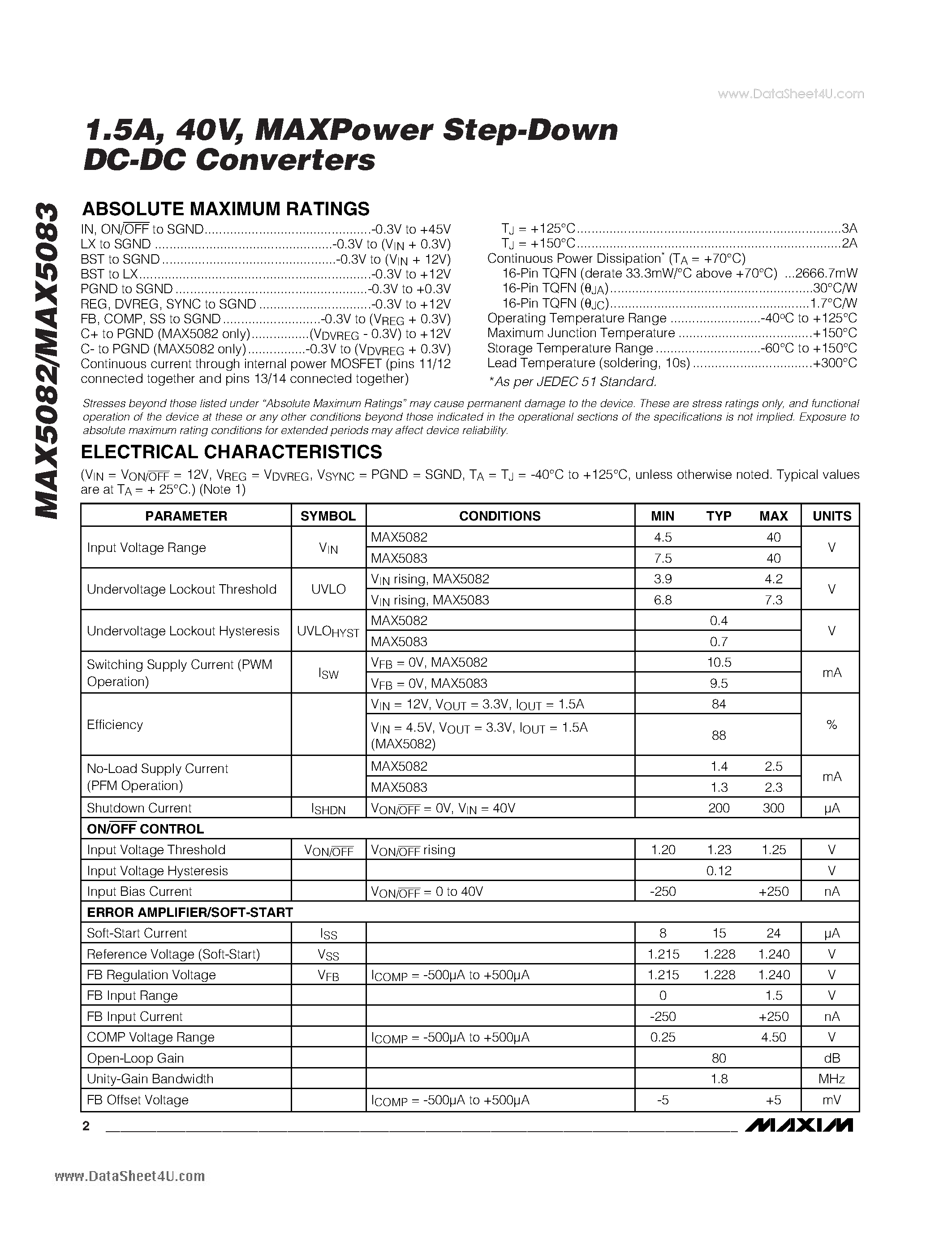 Datasheet MAX5082 - 1.5A / 40V / MAXPower Step-Down DC-DC Converters page 2