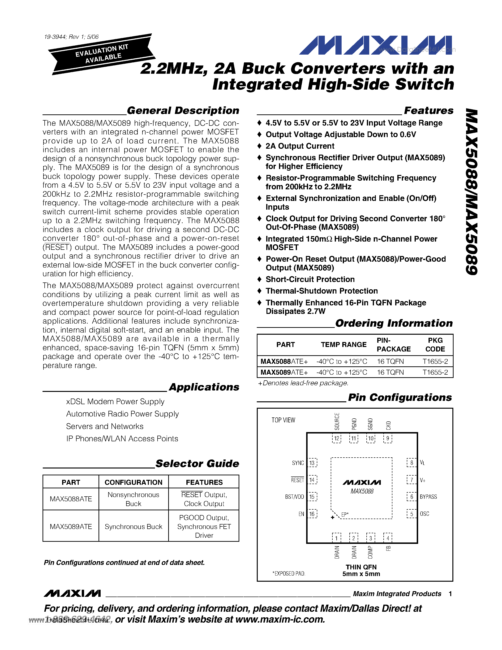 Datasheet MAX5088 - 2.2MHz - 2A Buck Converters with an Integrated High-Side Switch page 1