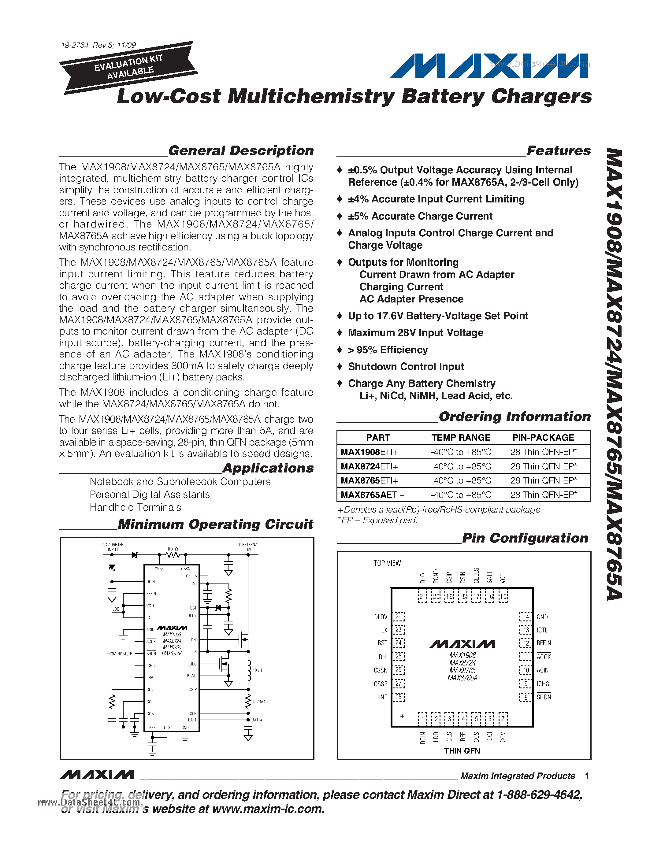 Datasheet MAX1908 - Low-Cost Multichemistry Battery Chargers page 1