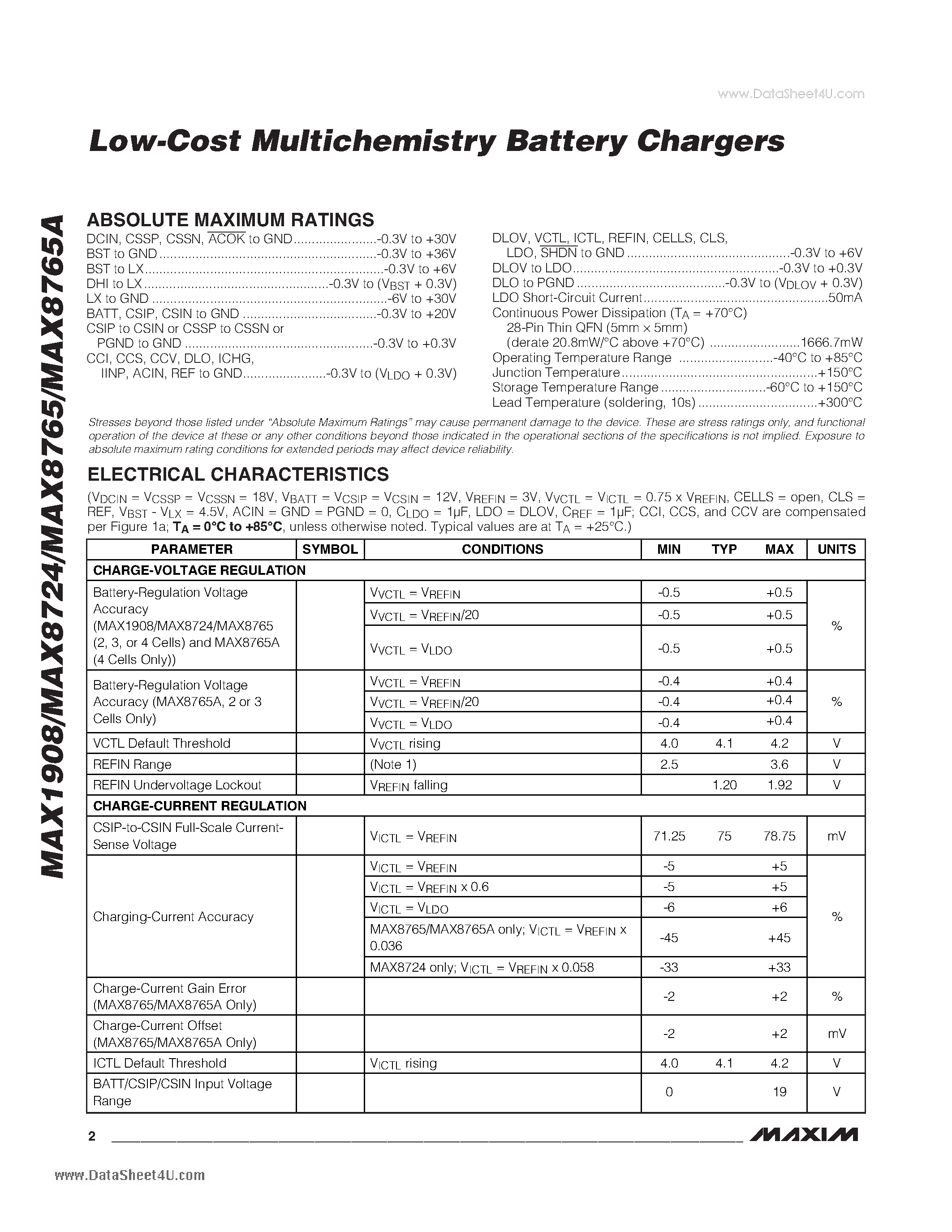 Datasheet MAX1908 - Low-Cost Multichemistry Battery Chargers page 2